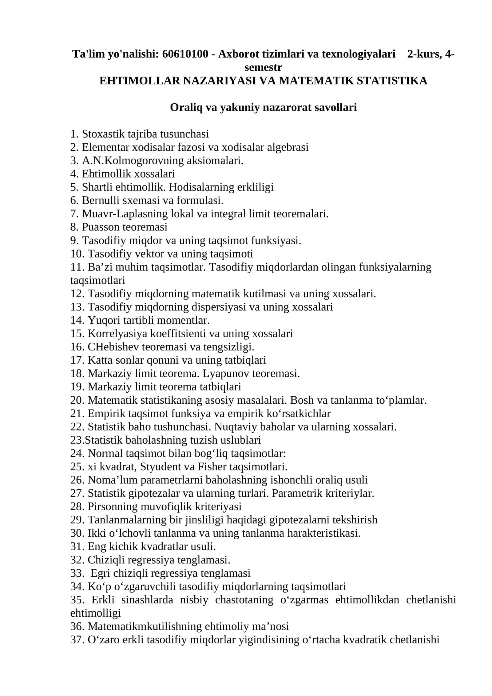 EHTIMOLLAR NAZARIYASI VA MATEMATIK STATISTIKA
