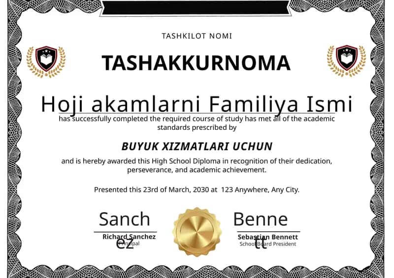 Tashakkurnoma shablon tayyori andoza