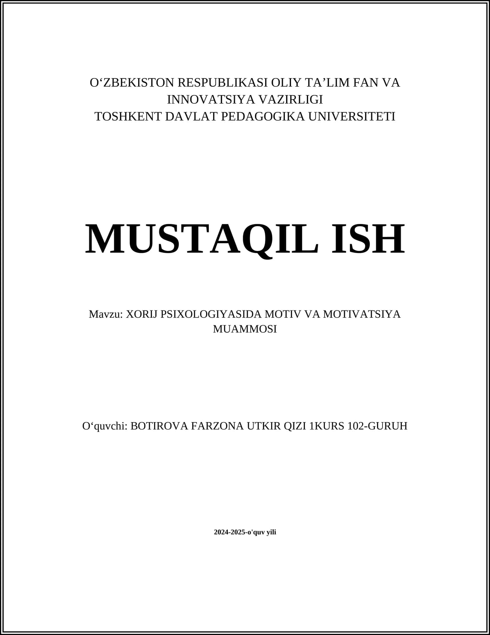 XORIJ PSIXOLOGIYASIDA MOTIV VA MOTIVATSIYA MUAMMOSI