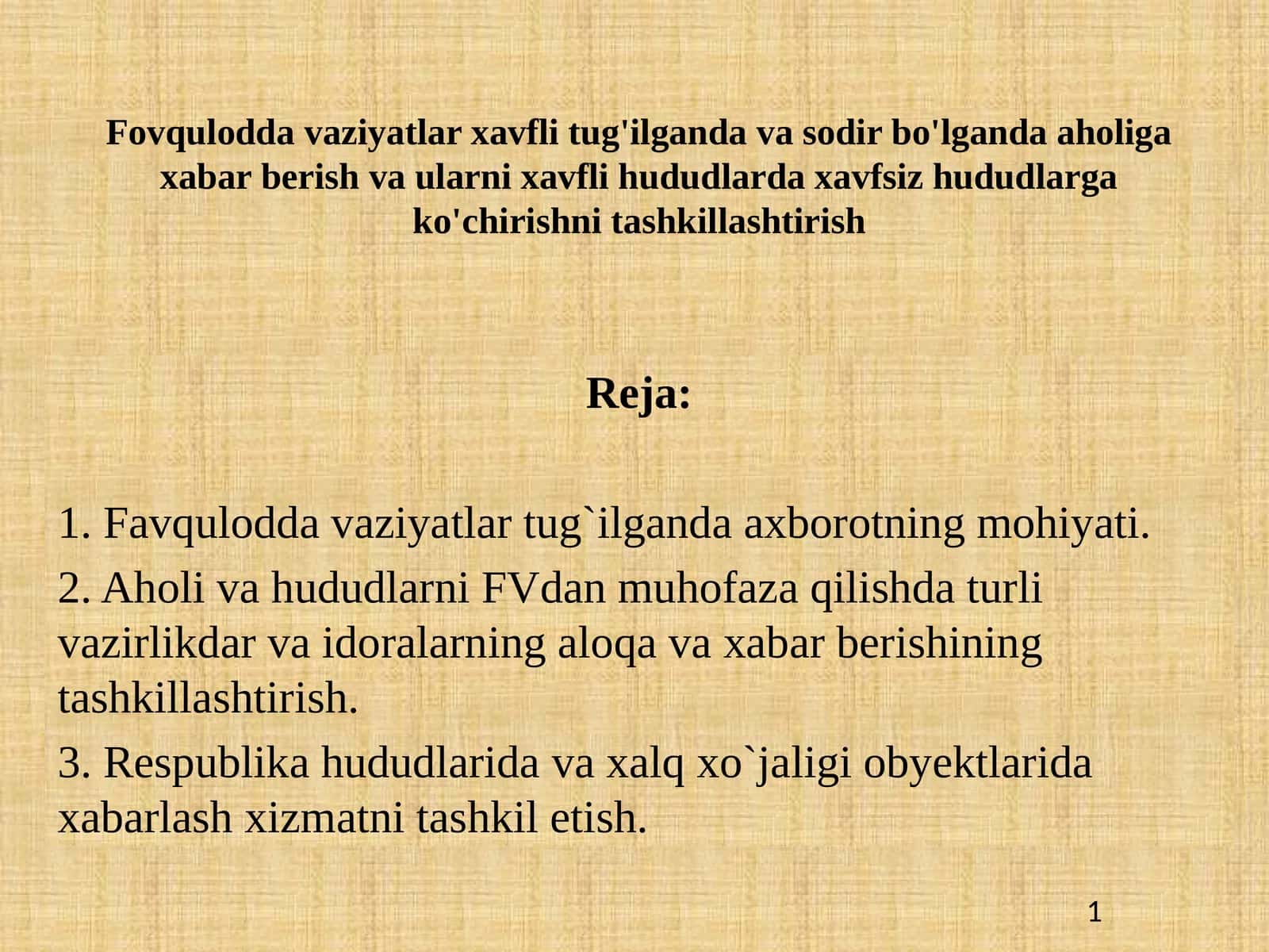 Fovqulodda vaziyatlar xavfli tug'ilganda va sodir bo'lganda aholiga xabar berish va ularni xavfli hududlarda xavfsiz hududlarga ko'chirishni tashkillashtirish