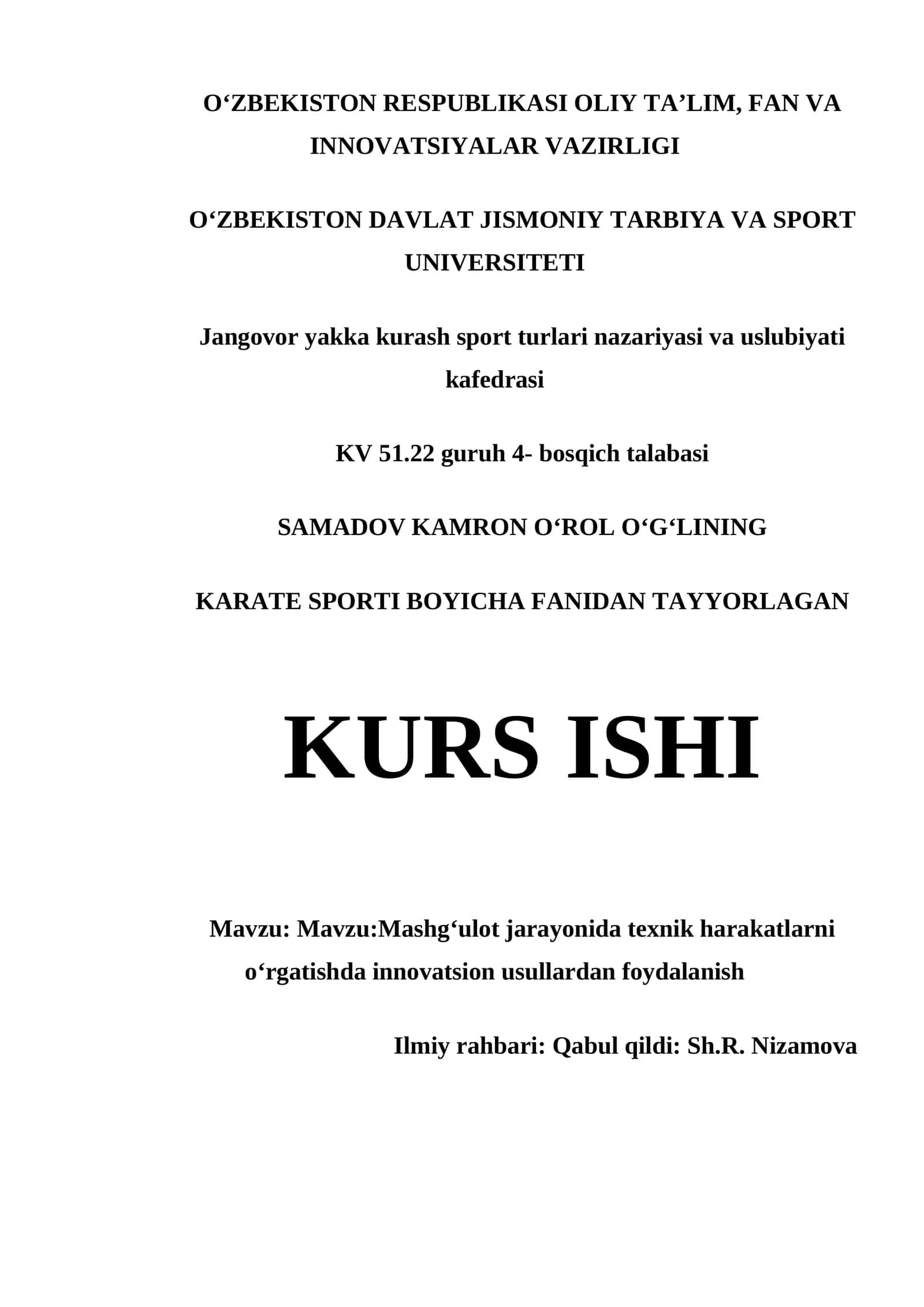 Karate Sporti Boyicha Fanidan Tayyorlagan Kurs Ishi