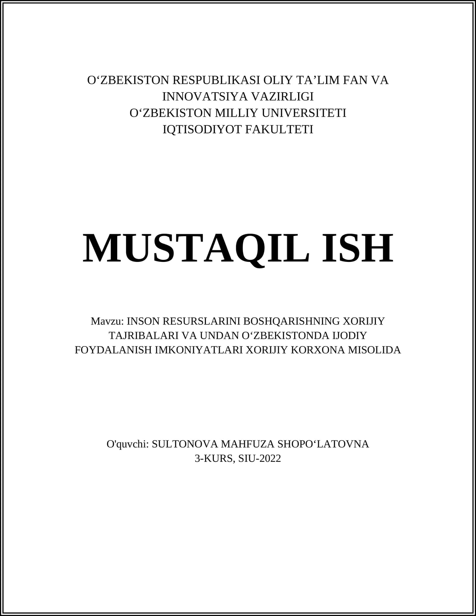 INSON RESURSLARINI BOSHQARISHNING XORIJIY TAJRIBALARI VA UNDAN O‘ZBEKISTONDA IJODIY FOYDALANISH IMKONIYATLARI XORIJIY KORXONA MISOLIDA