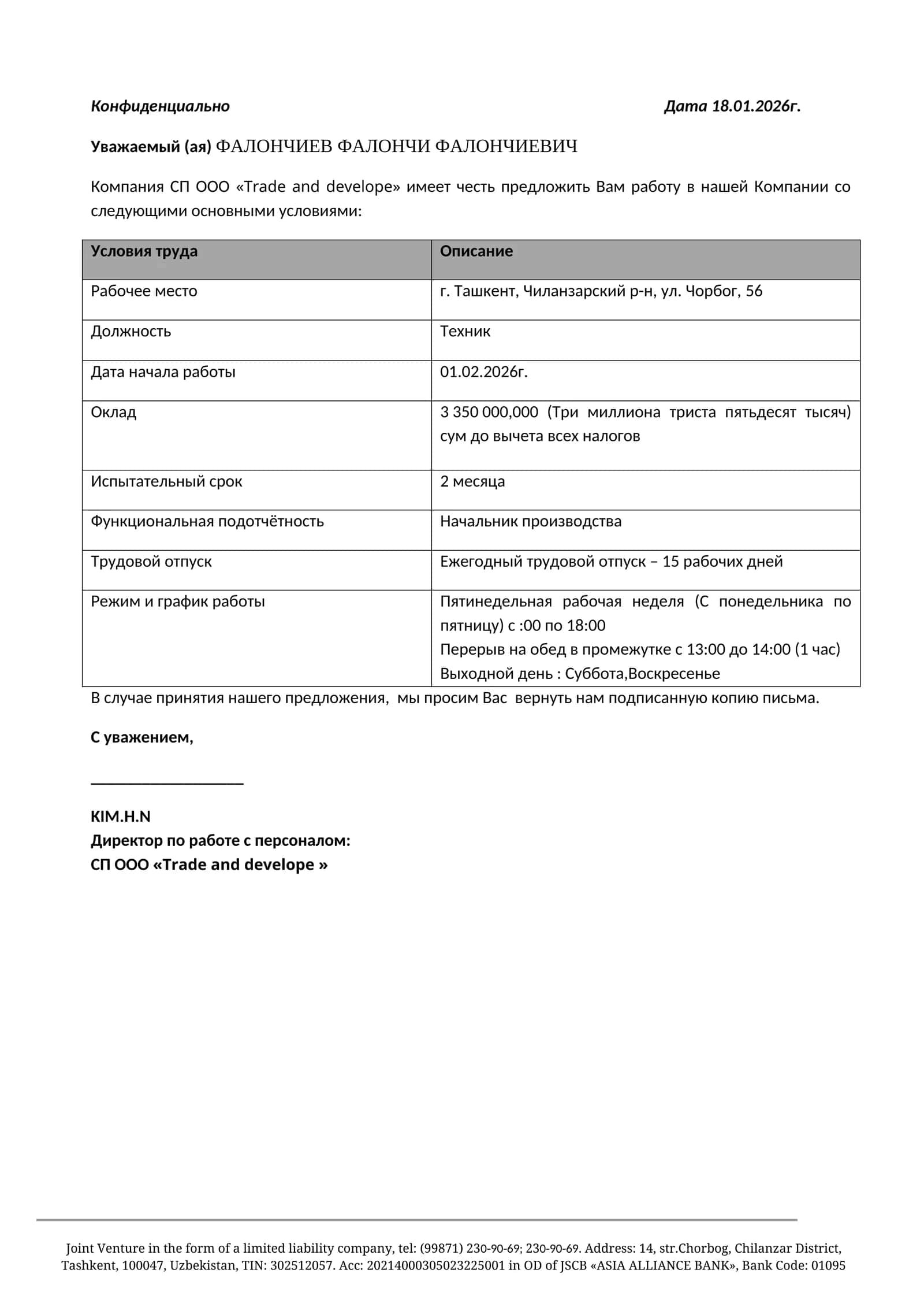 Job offer, ishga taklif matni rus tilida