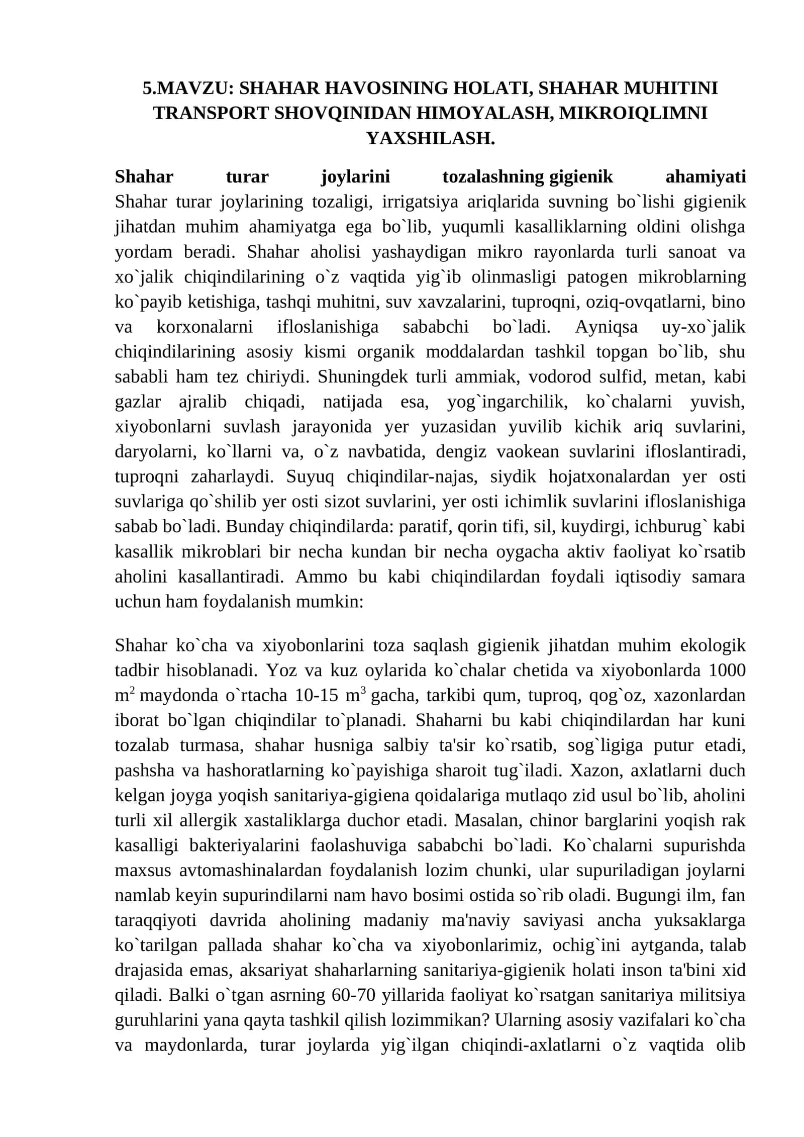 SHAHAR HAVOSINING HOLATI, SHAHAR MUHITINI TRANSPORT SHOVQINIDAN HIMOYALASH, MIKROIQLIMNI YAXSHILASH