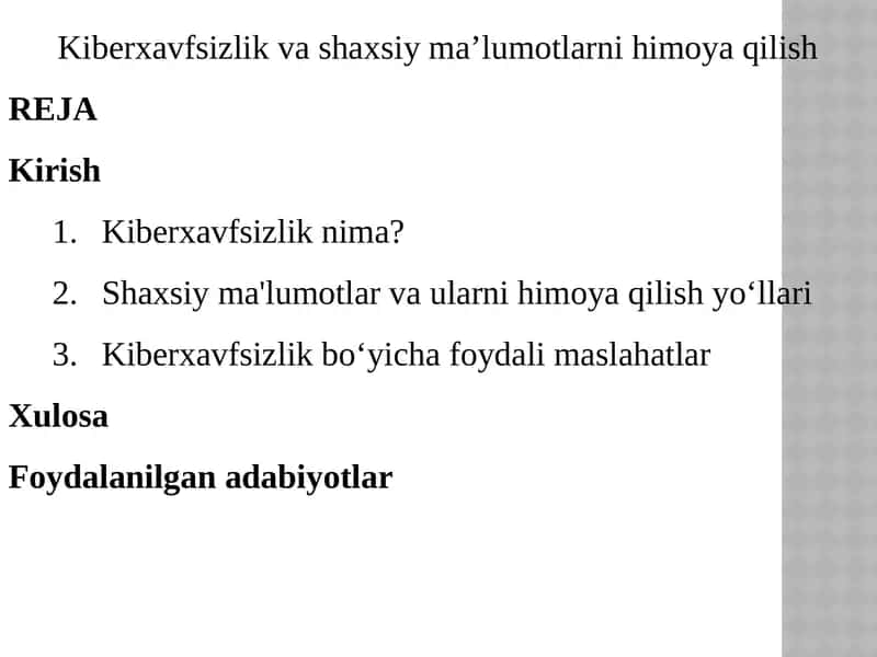 Kiberxavfsizlik va shaxsiyma’lumotlarni himoyalash