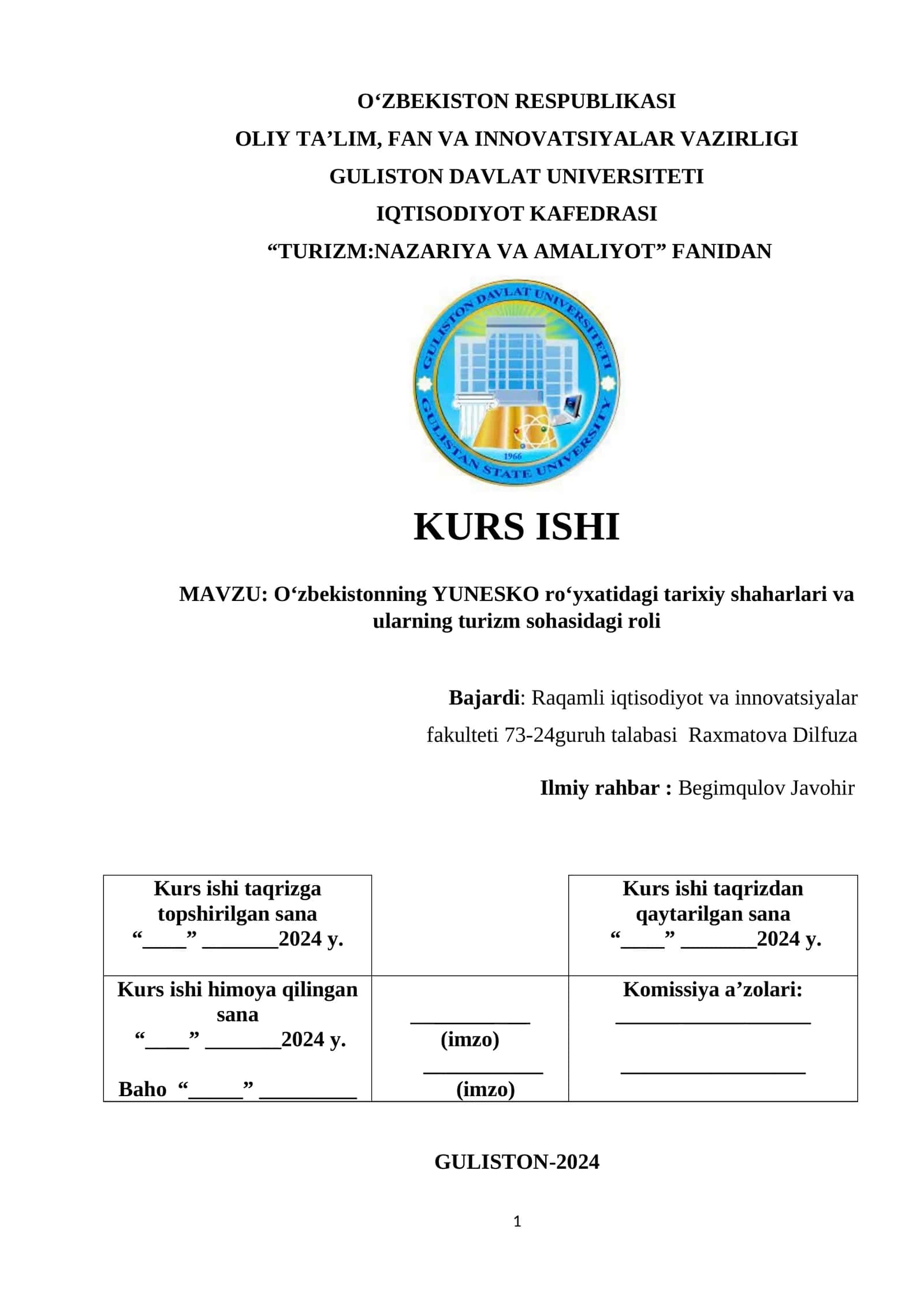 O‘zbekistonning YUNESKO ro‘yxatidagi tarixiy shaharlari va ularning turizm sohasidagi roli
