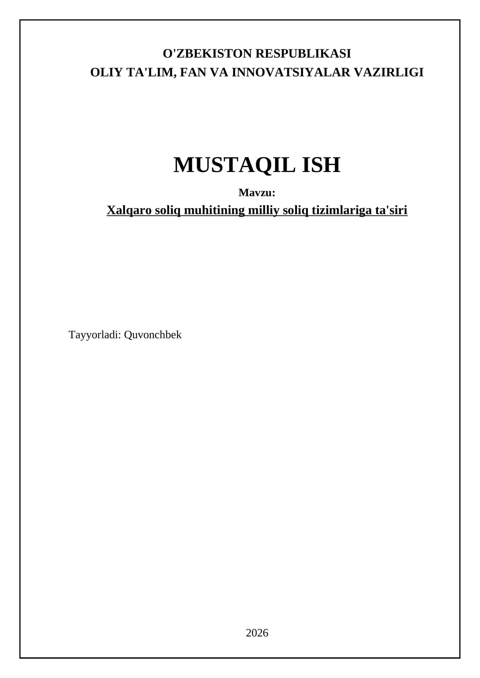Xalqaro soliq muhitining milliy soliq tizimlariga ta'siri