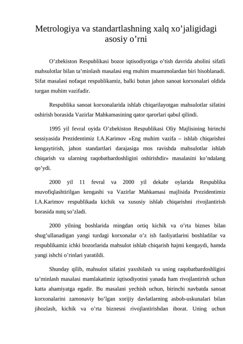 Mеtrologiya va standartlashning xalq xo’jaligidagi asosiy o’rni.doc