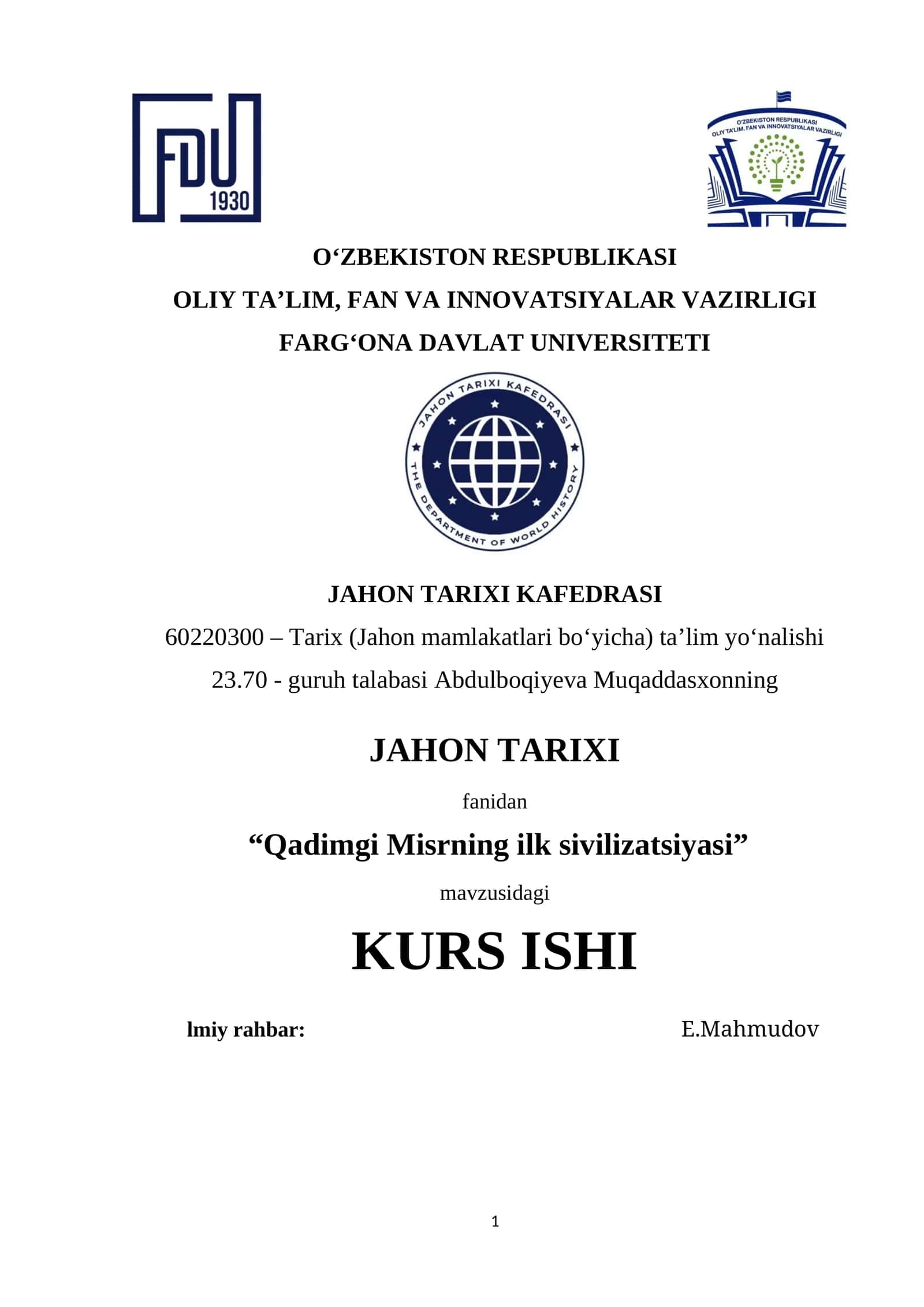 KURS ISHI: "Qadimgi Misrning ilk sivilizatsiyasi"