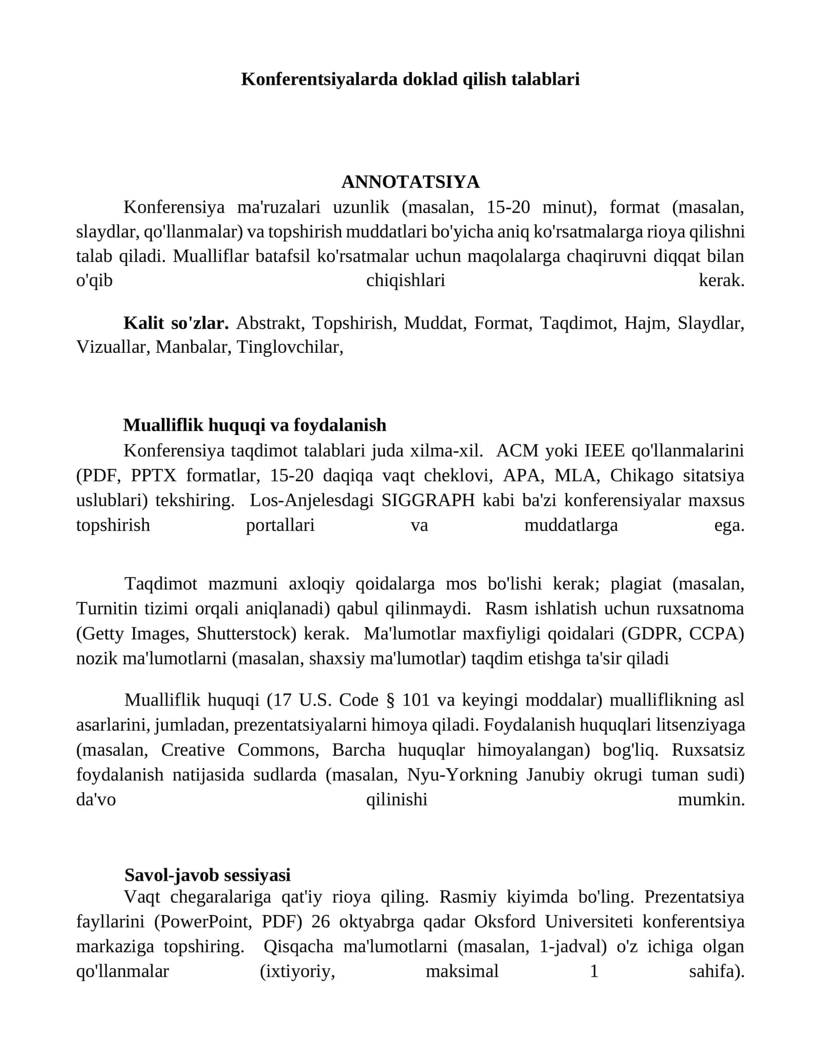 Konferentsiyalarda doklad qilish talablari