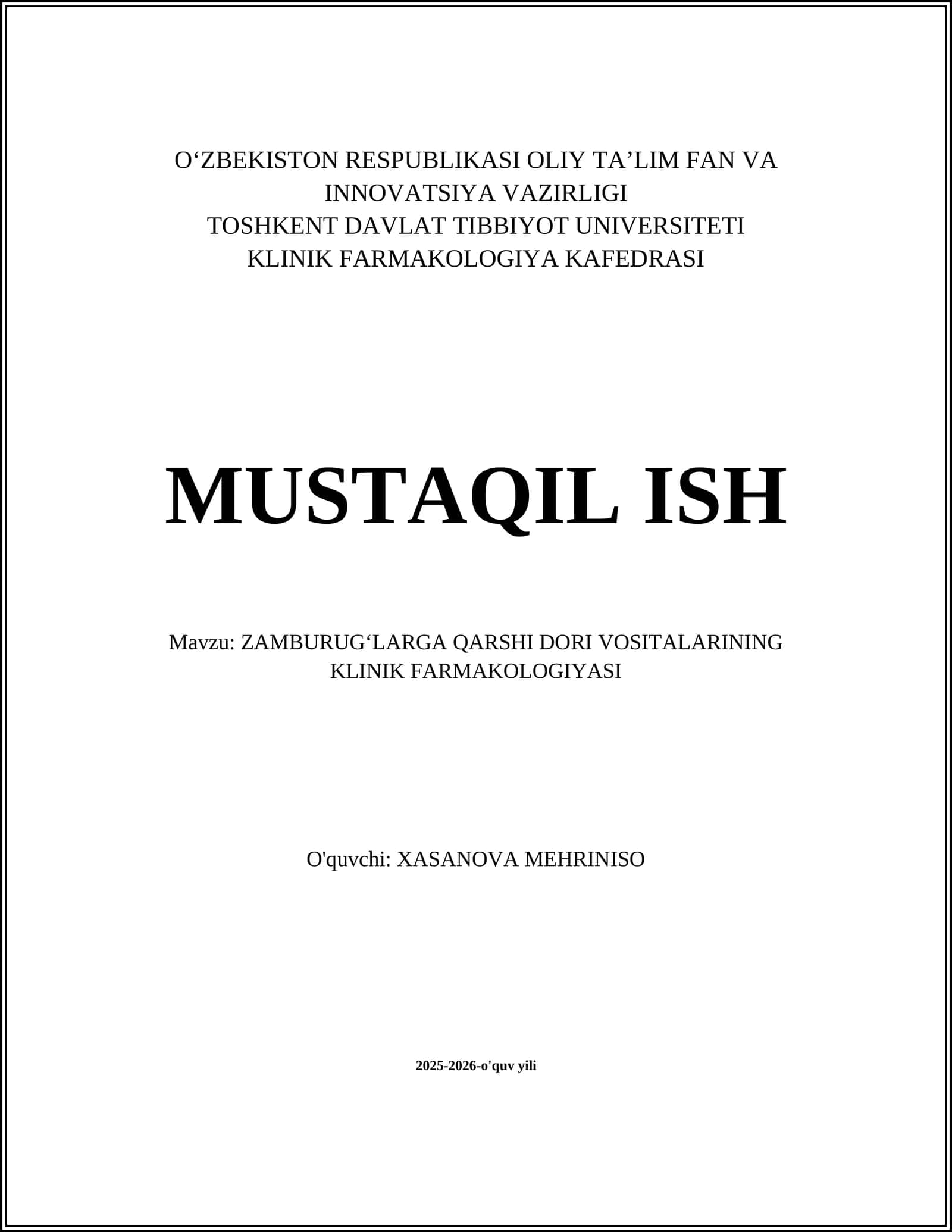ZAMBURUGʻLARGA QARSHI DORI VOSITALARINING KLINIK FARMAKOLOGIYASI
