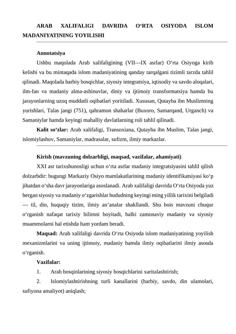 ARAB XALIFALIGI DAVRIDA O‘RTA OSIYODA ISLOM MADANIYATINING YOYILISHI