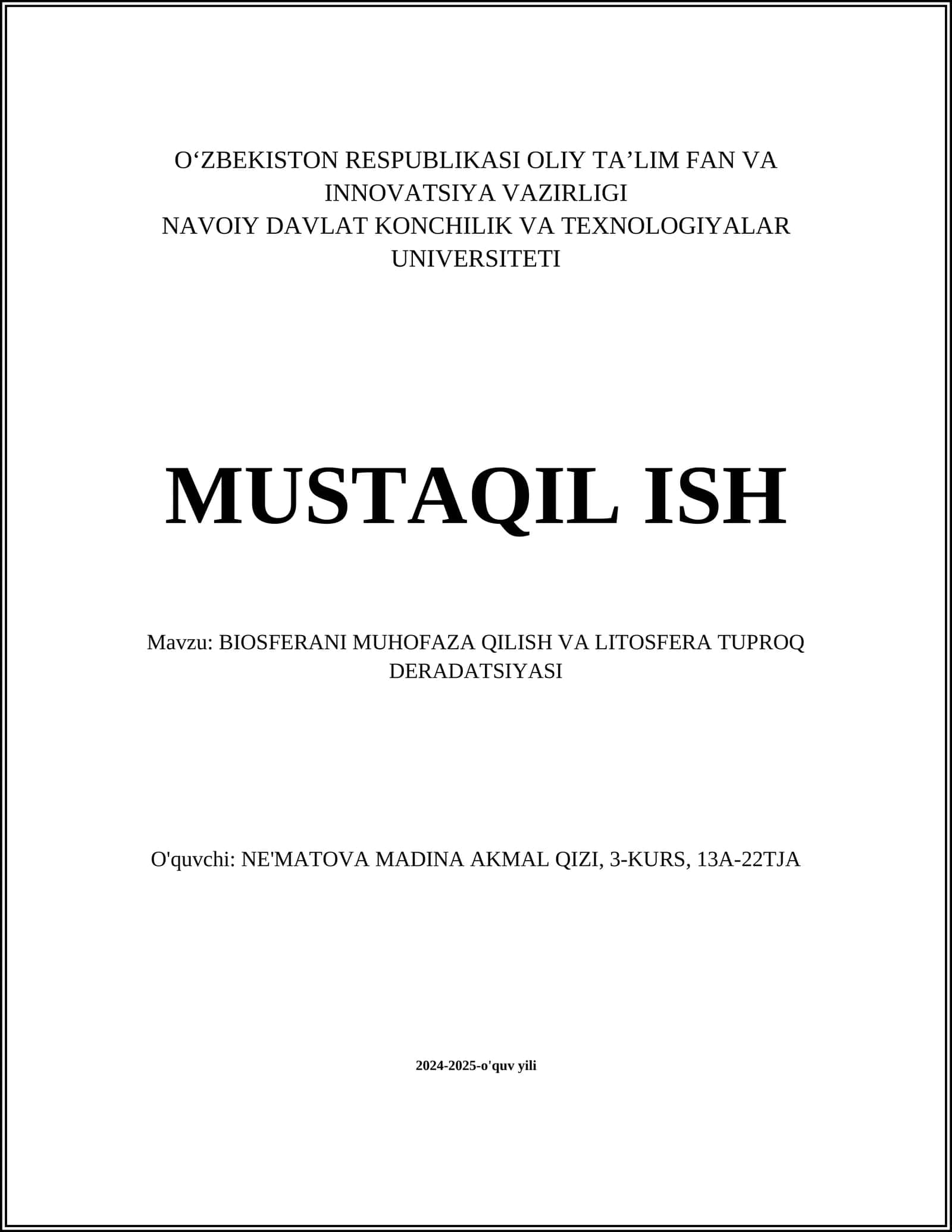 BIOSFERANI MUHOFAZA QILISH VA LITOSFERA TUPROQ DERADATSIYASI