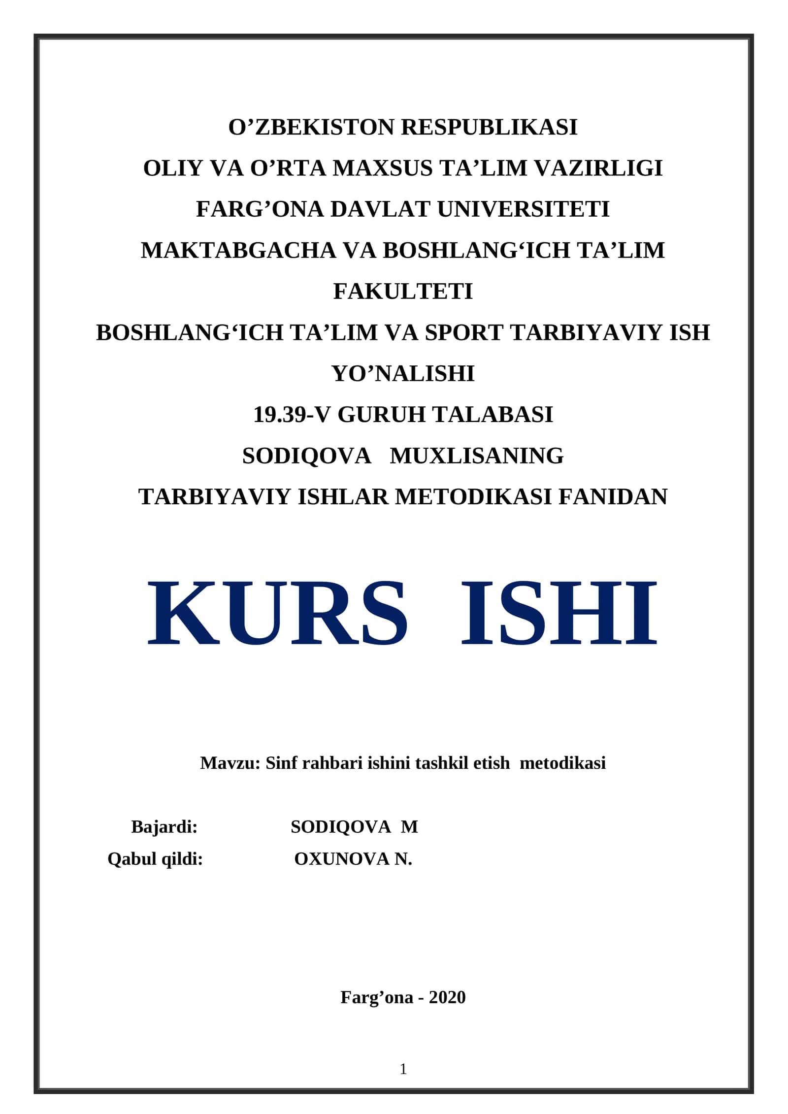 Sinf rahbari ishini tashkil etish metodikasi