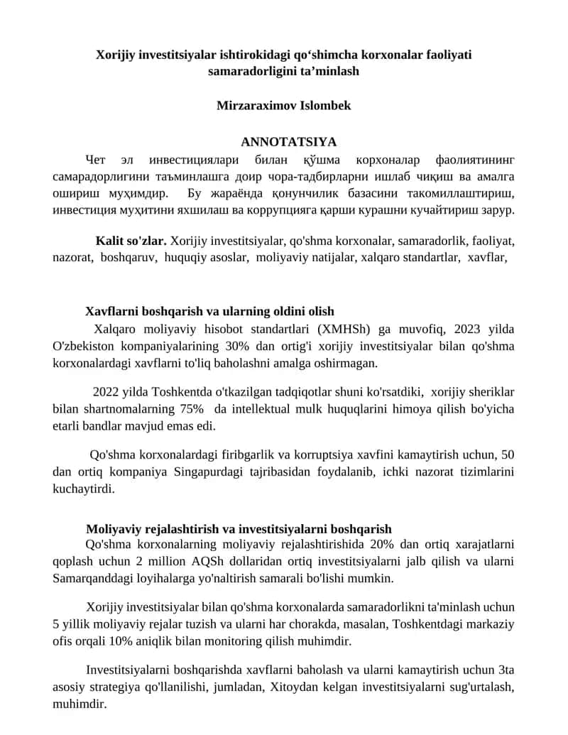 Xorijiy investitsiyalar ishtirokidagi qoʻshimcha korxonalar faoliyati samaradorligini taʼminlash