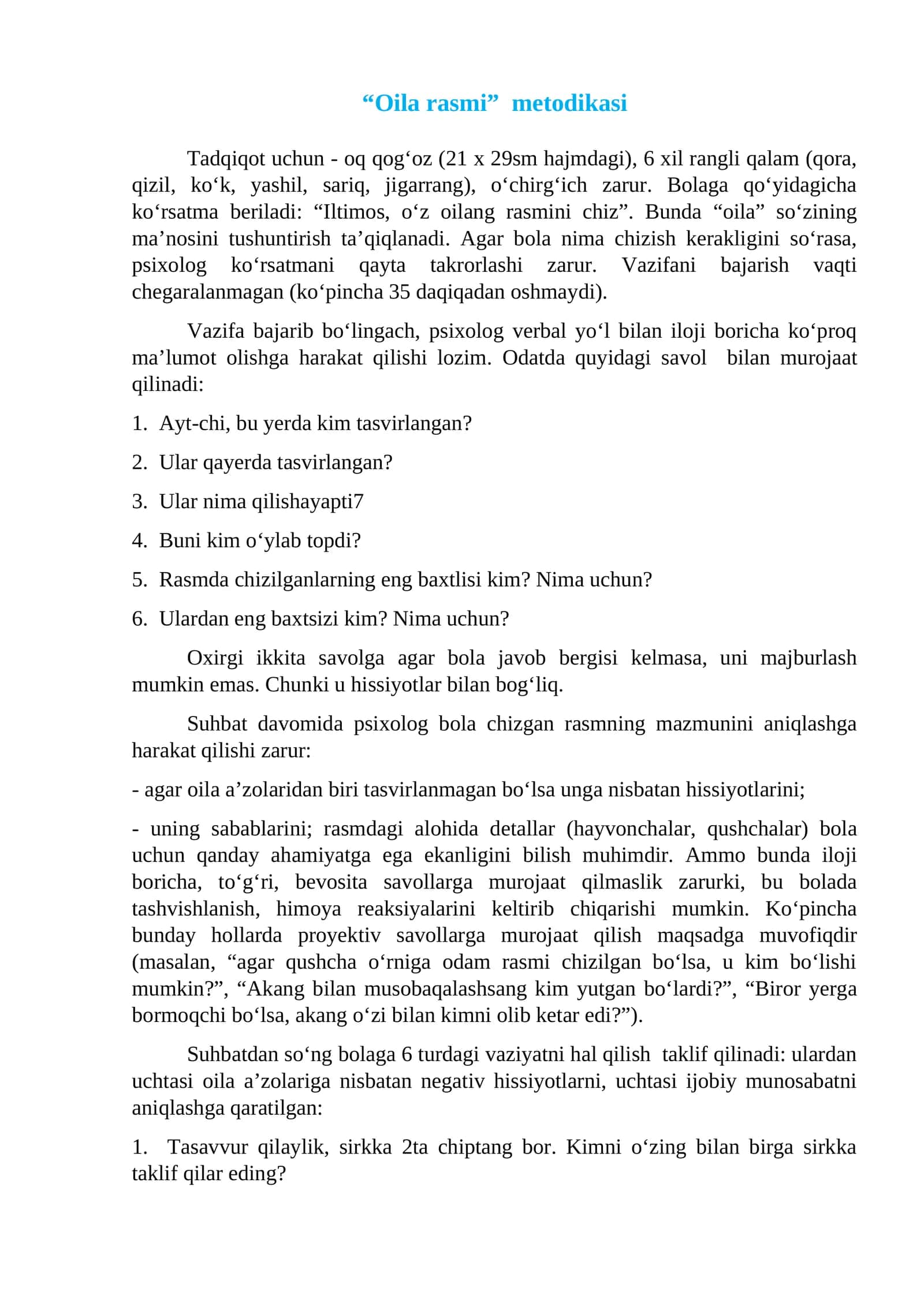 “Oila rasmi” metodikasi
