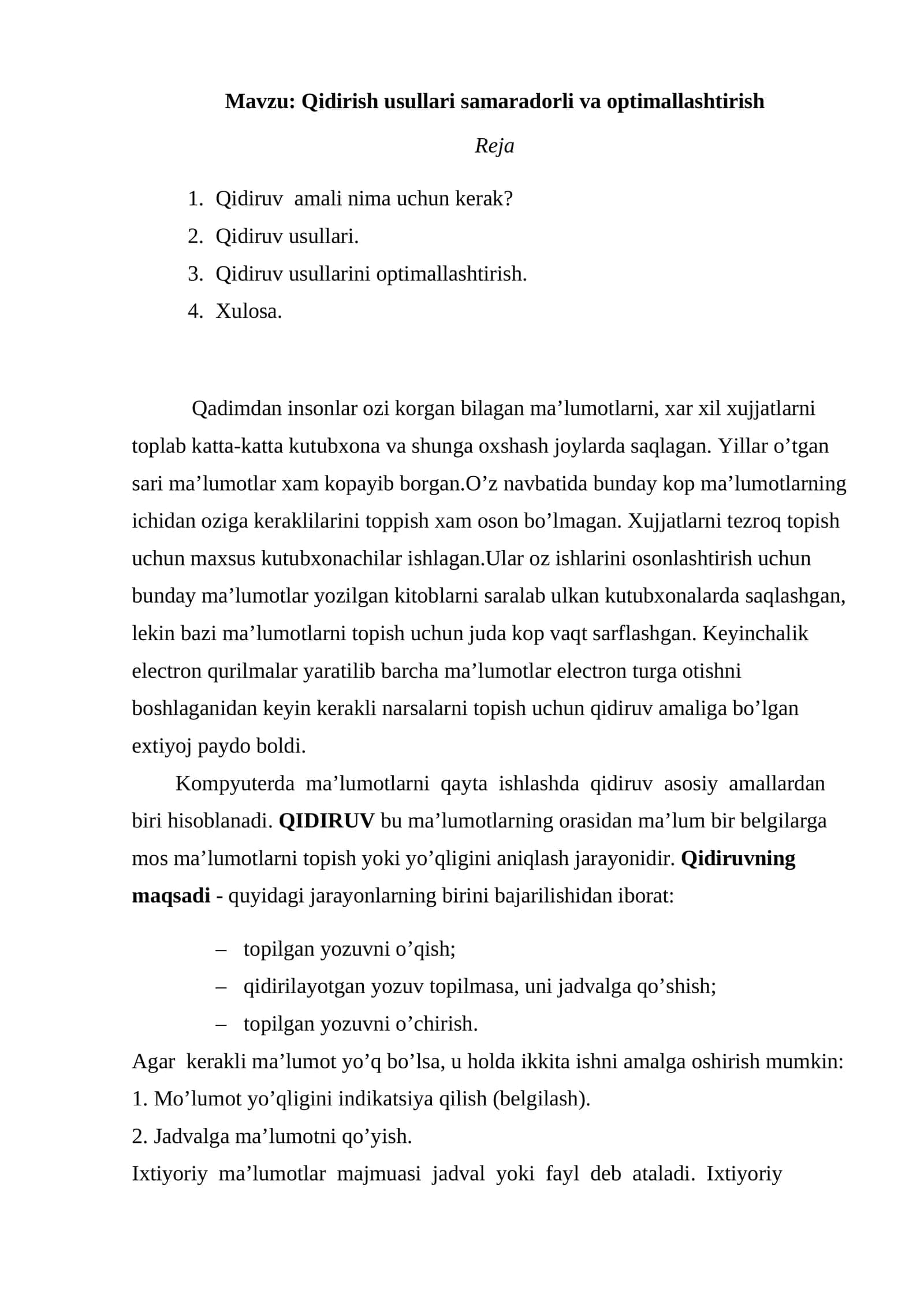 Qidirish usullari samaradorli va optimallashtirish