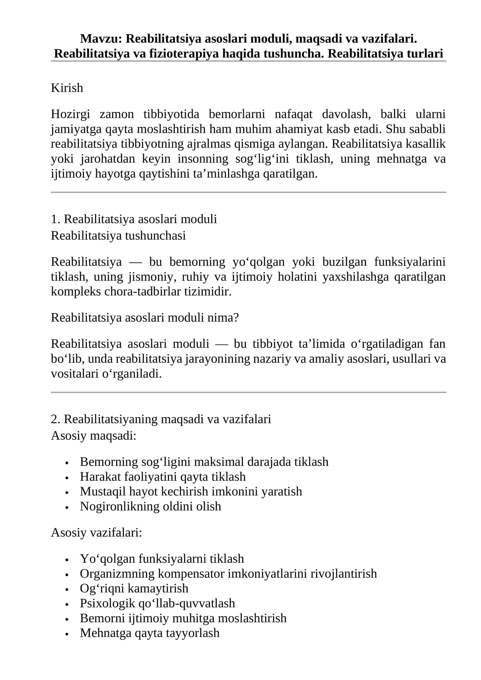 Reabilitatsiya asoslari moduli, maqsadi va vazifalari