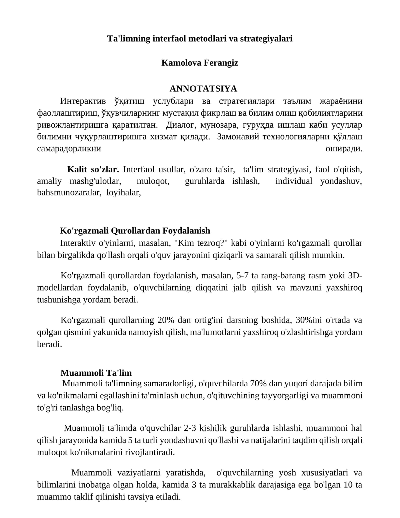 Ta'limning interfaol metodlari va strategiyalari