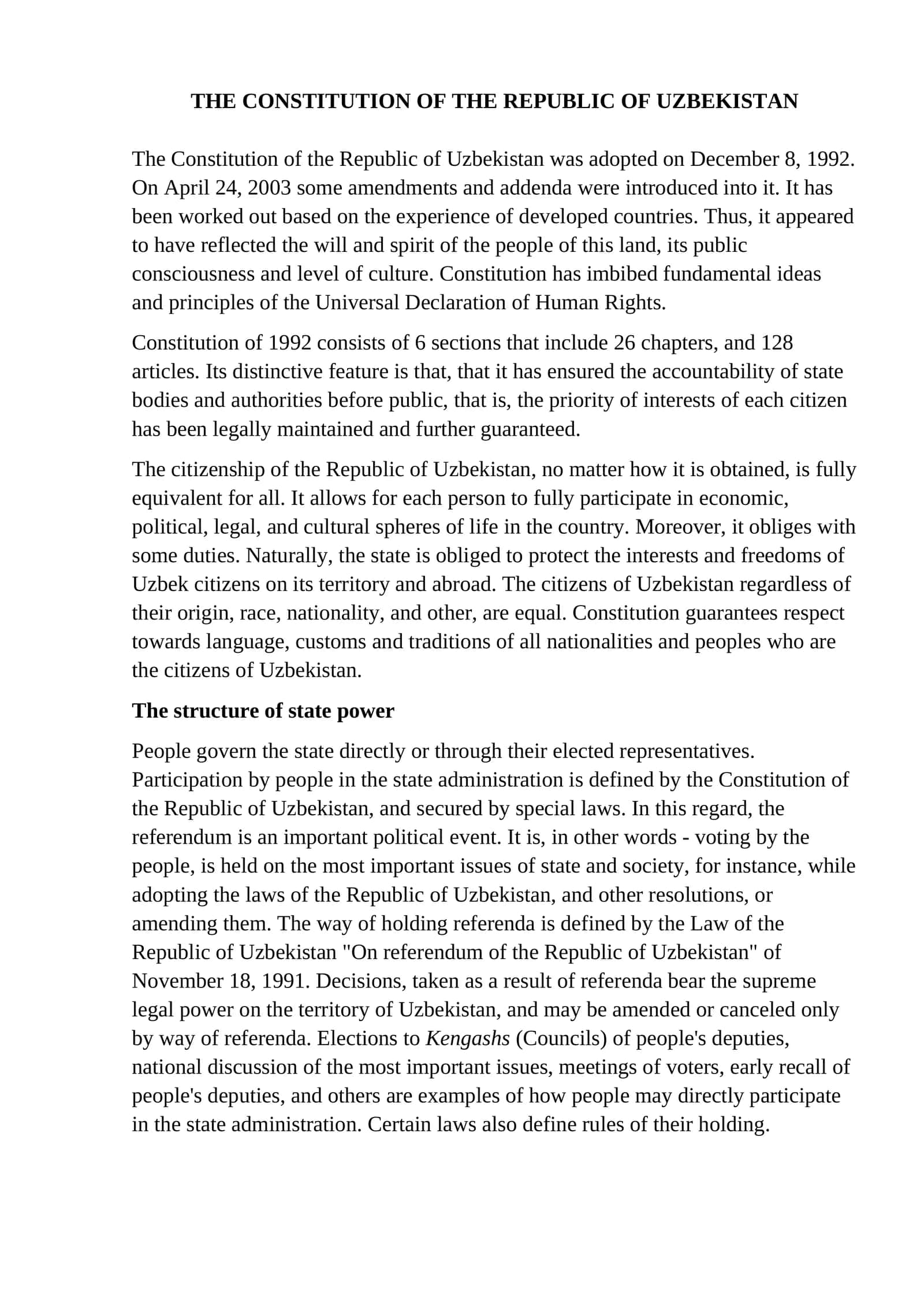 THE CONSTITUTION OF THE REPUBLIC OF UZBEKISTAN