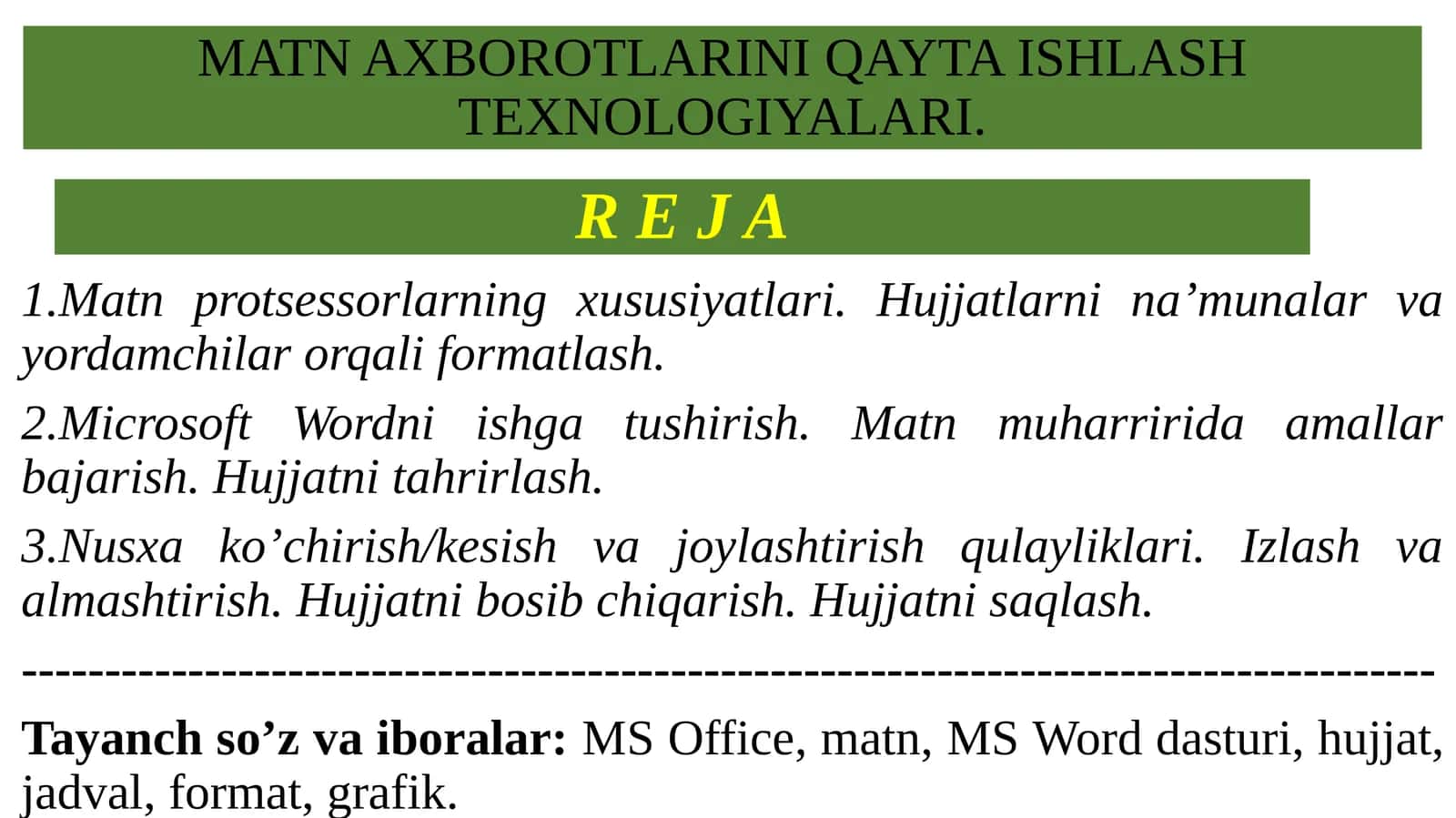 MATN AXBOROTLARINI QAYTA ISHLASH TEXNOLOGIYALARI