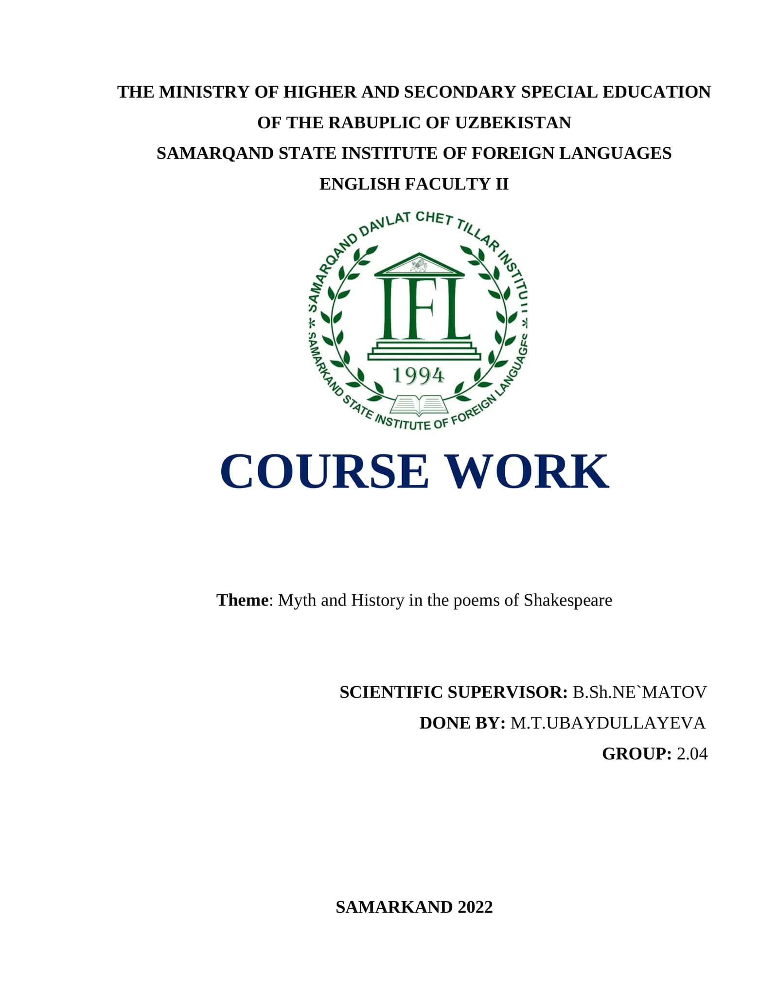Course Work: Myth and History in the poems of Shakespeare