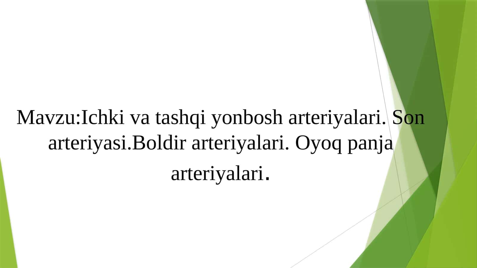 Ichki va tashqi yonbosh arteriyalari. Son arteriyasi.Boldir arteriyalari. Oyoq panja arteriyalari