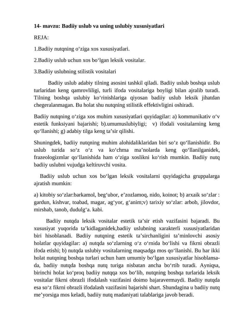 Badiiy uslub va uning uslubiy xususiyatlari