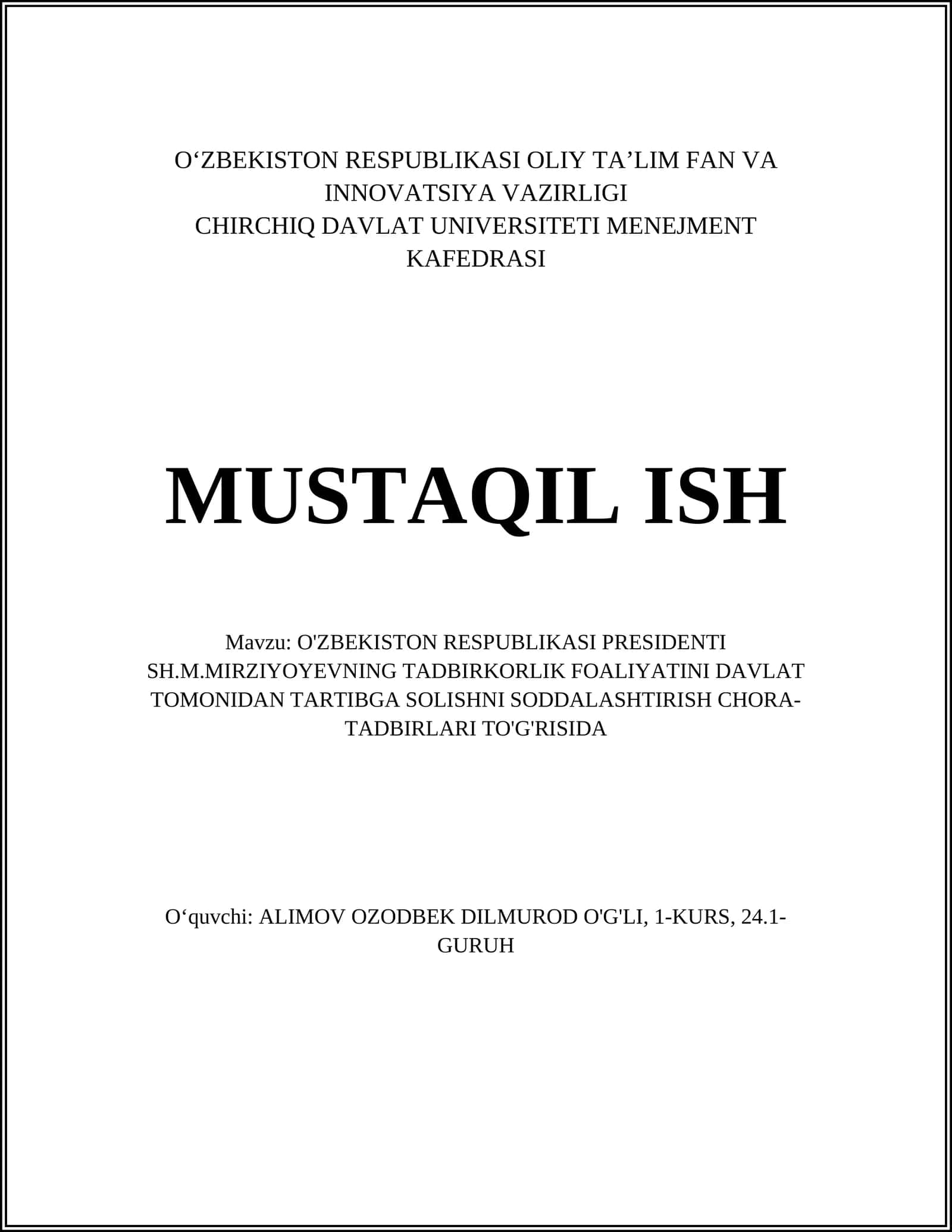 O'ZBEKISTON RESPUBLIKASI PRESIDENTI SH.M.MIRZIYOYEVNING TADBIRKORLIK FOALIYATINI DAVLAT TOMONIDAN TARTIBGA SOLISHNI SODDALASHTIRISH CHORA-TADBIRLARI TO'G'RISIDA