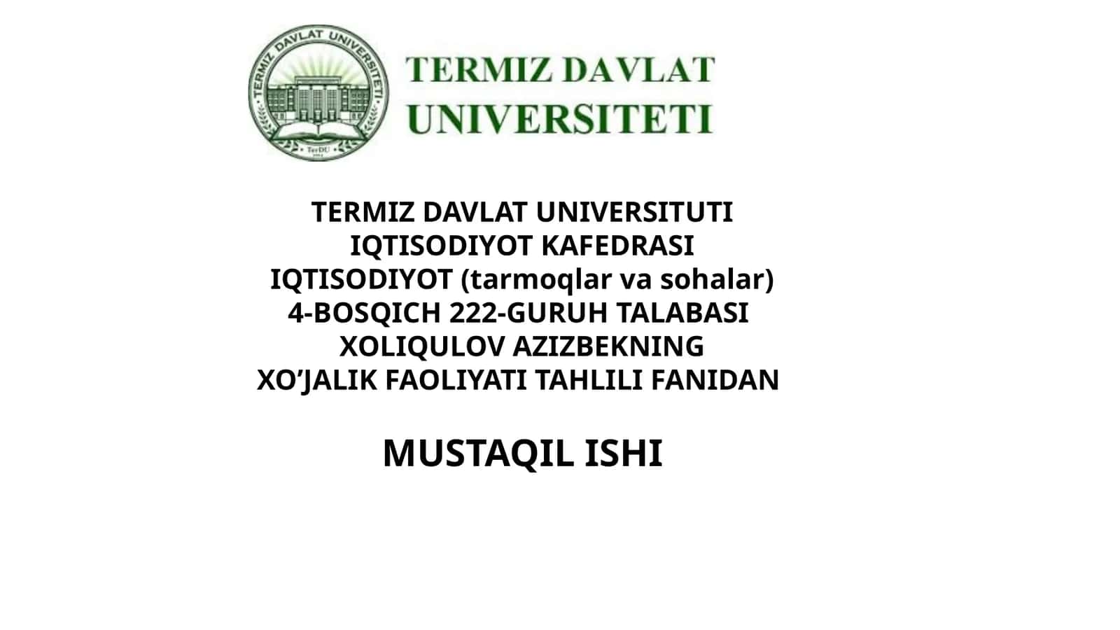 Xo‘jalik faoliyati tahlili fanidan REJA