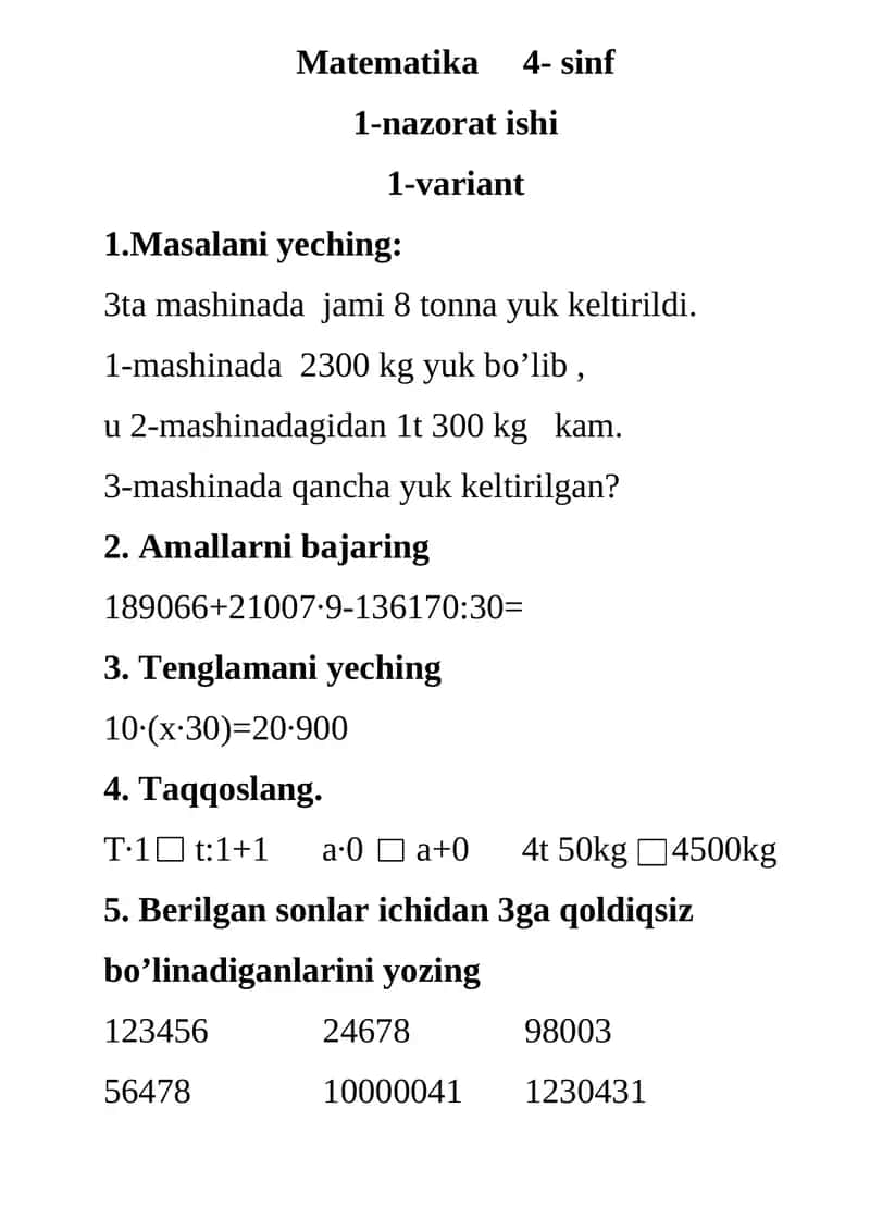 Matematika 4- sinf 1-nazorat ishi