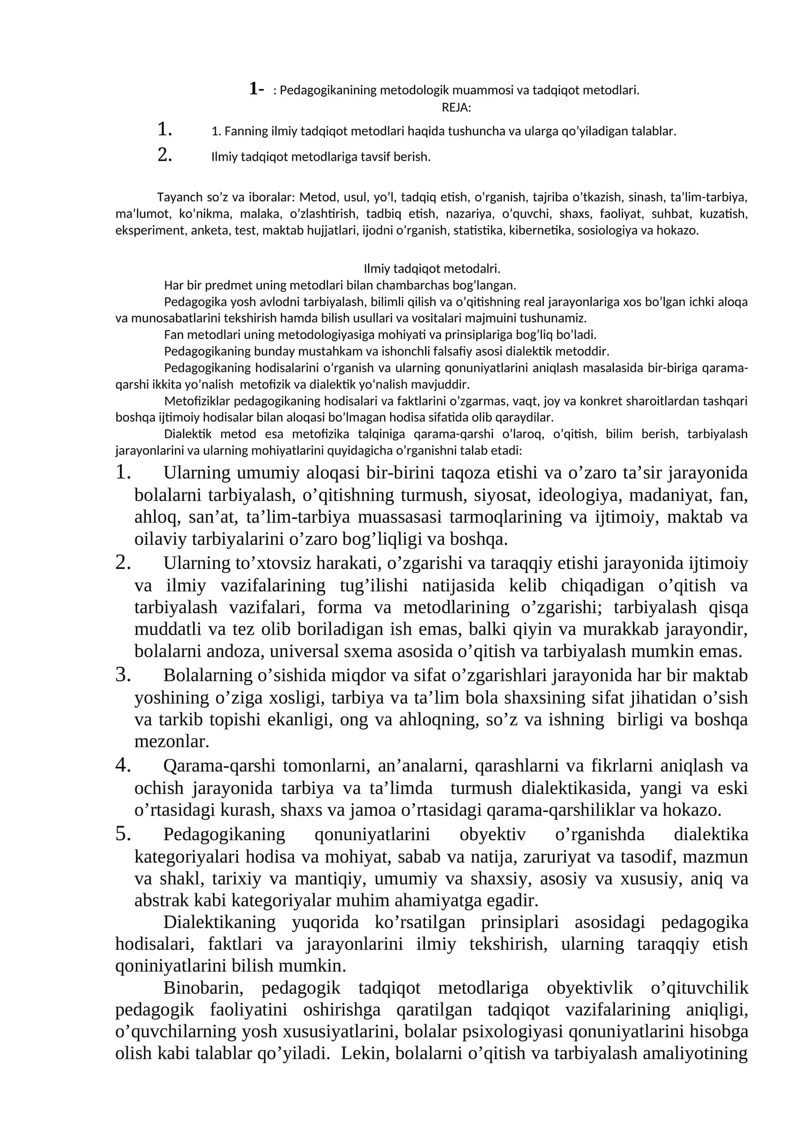 Pedagogikanining metodologik muammosi va tadqiqot metodlari