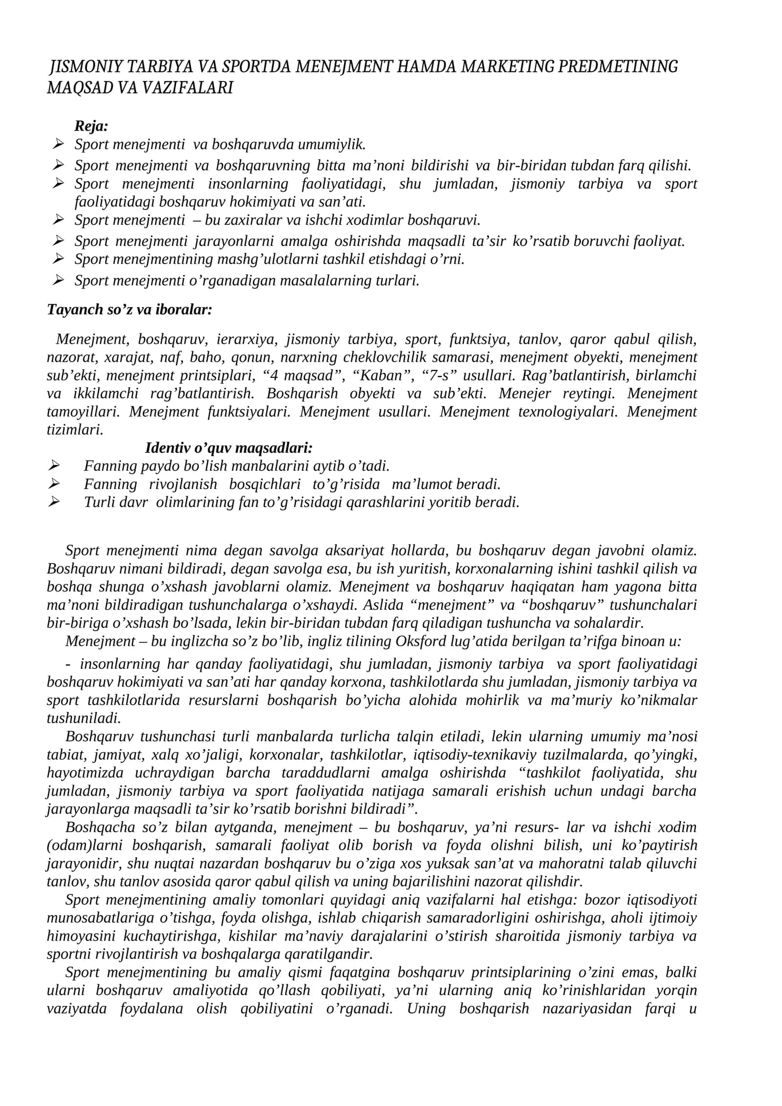 JISMONIY TARBIYA VA SPORTDA MENEJMENT HAMDA MARKETING PREDMETINING MAQSAD VA VAZIFALARI