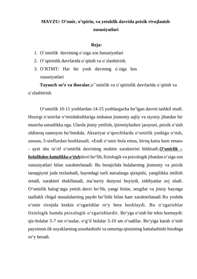 O’smir, o’spirin, va yetuklik davrida psixik rivojlanish xususiyatlari
