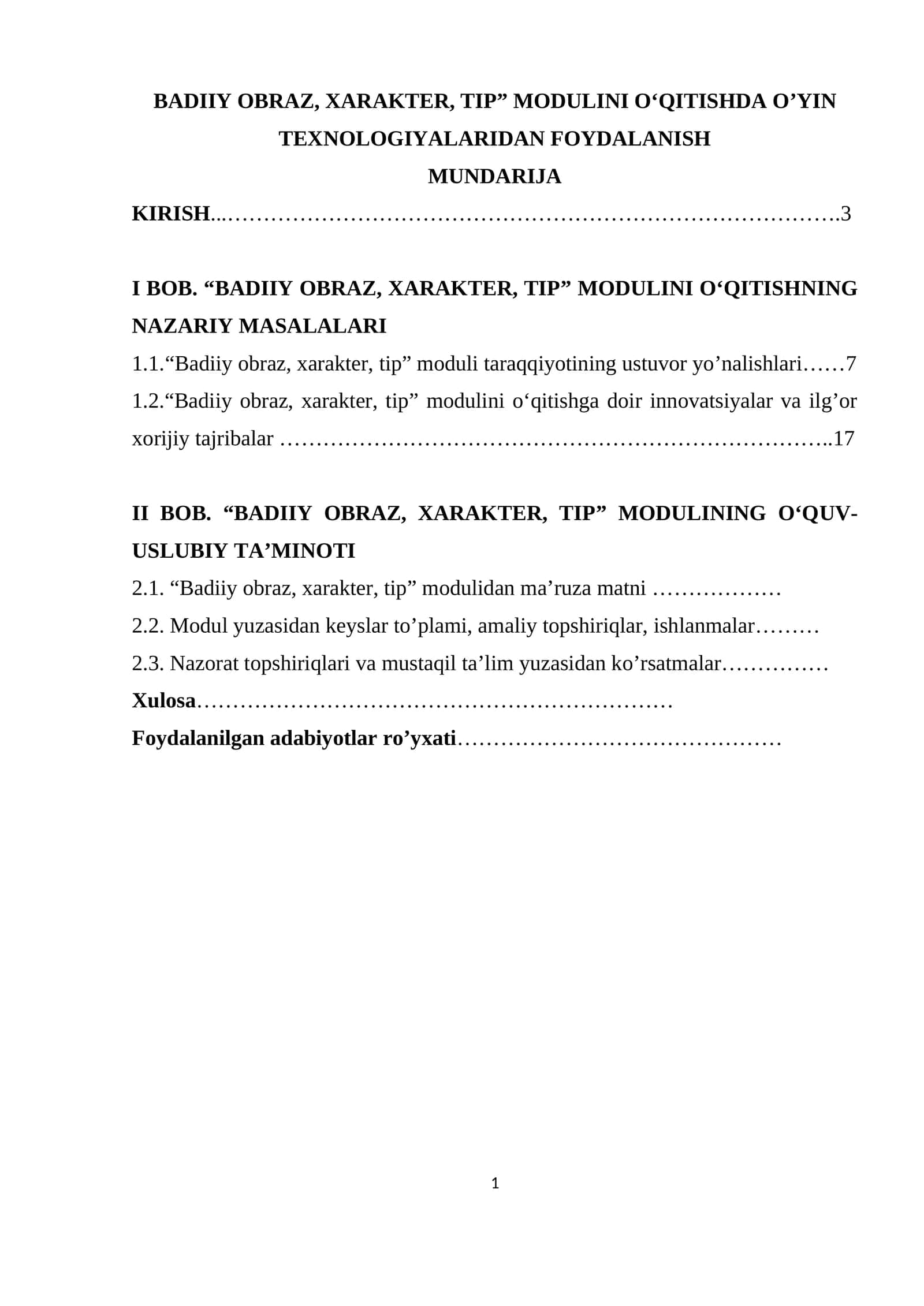 “BADIIY OBRAZ, XARAKTER, TIP” MODULINI O‘QITISHDA O’YIN TEXNOLOGIYALARIDAN FOYDALANISH