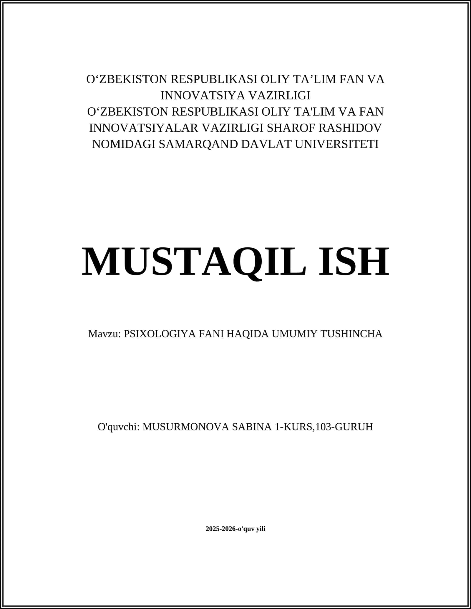 PSIXOLOGIYA FANI HAQIDA UMUMIY TUSHINCHA