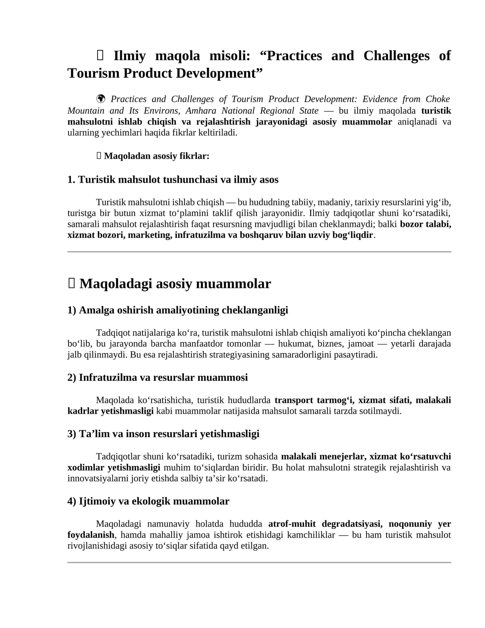 Practices and Challenges of Tourism Product Development