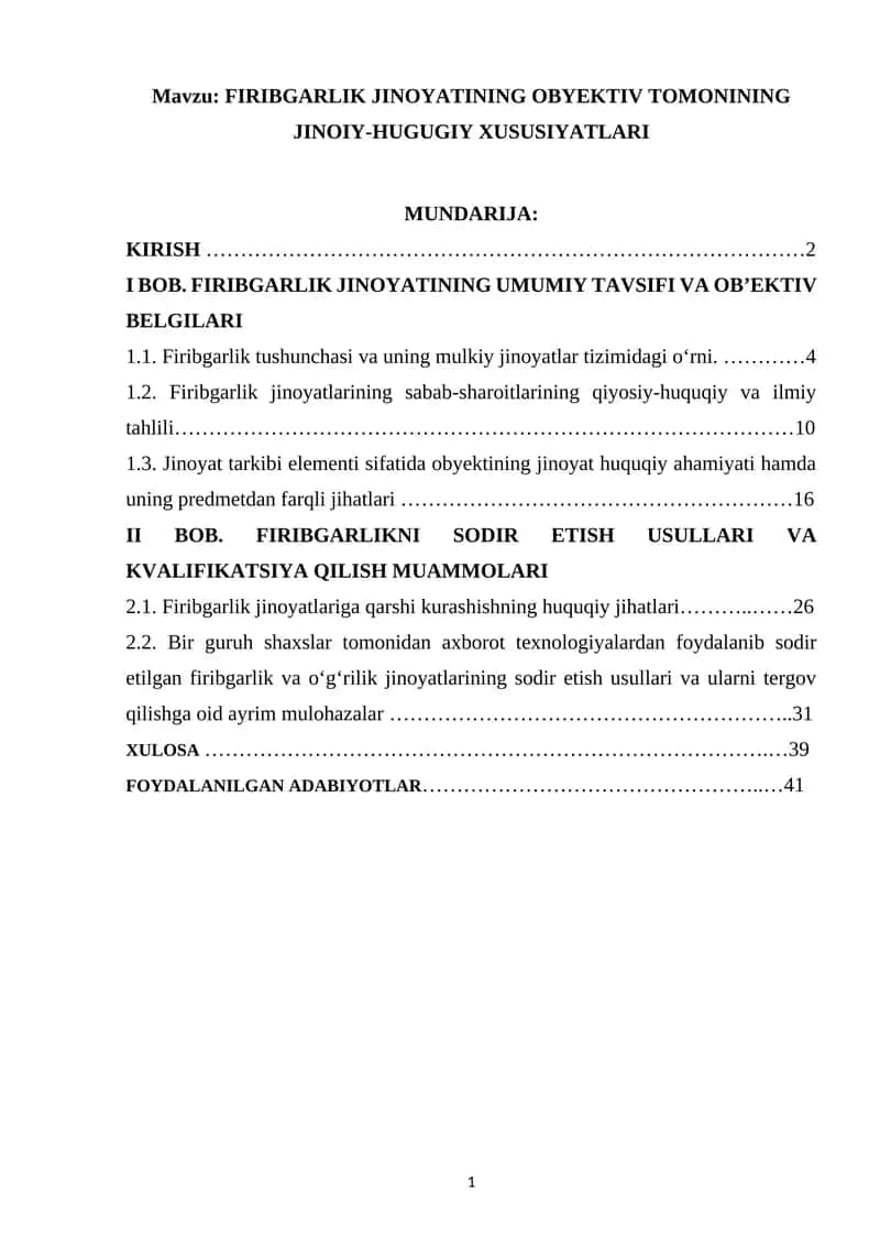 FIRIBGARLIK JINOYATINING OBYEKTIV TOMONINING JINOIY-HUGUGIY XUSUSIYATLARI