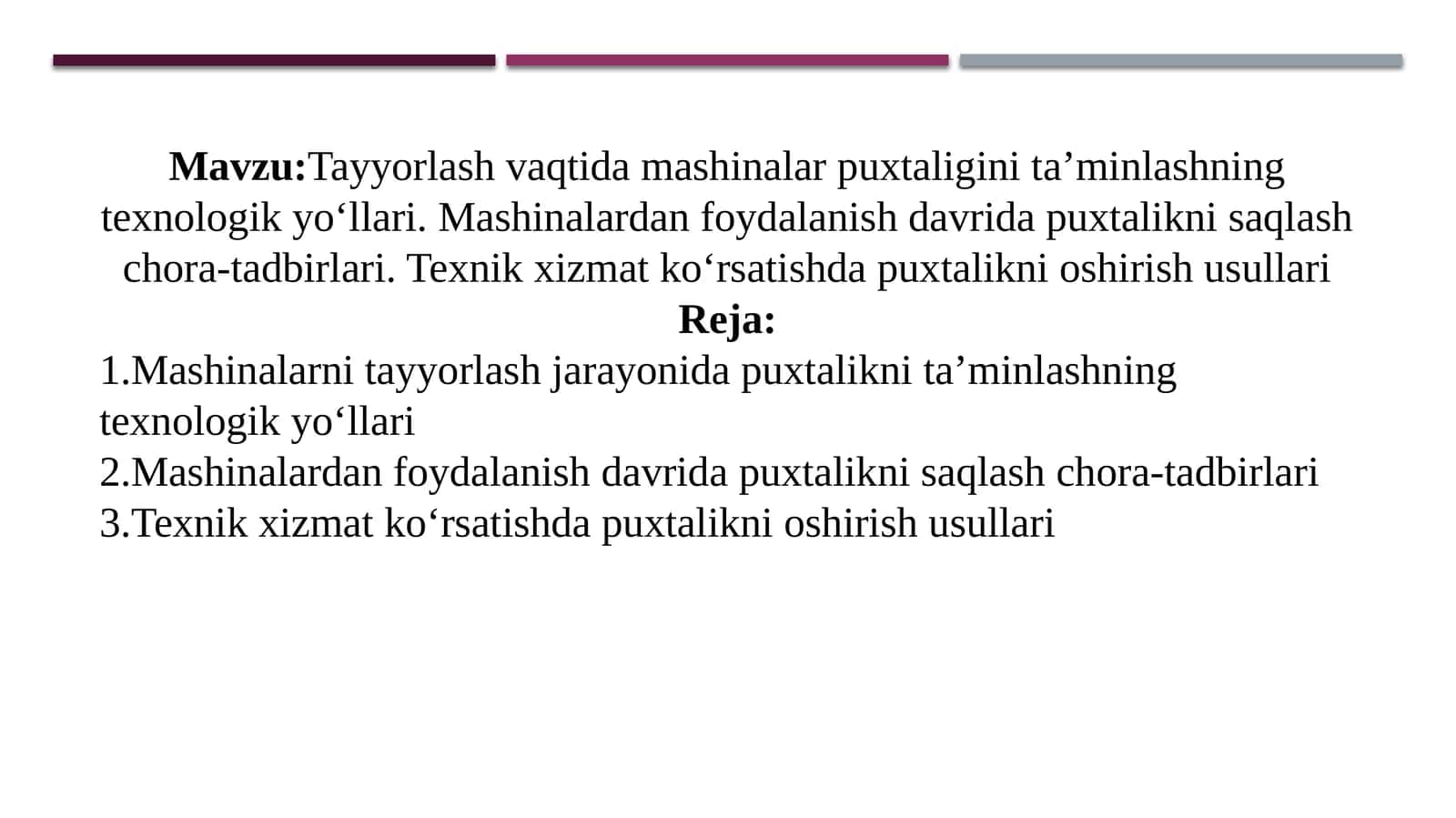 Tayyorlash vaqtida mashinalar puxtaligini ta'minlashning texnologik yo'llari. Mashinalardan foydalanish davrida puxtalikni saqlash chora-tadbirlari. Texnik xizmat ko'rsatishda puxtalikni oshirish usullari