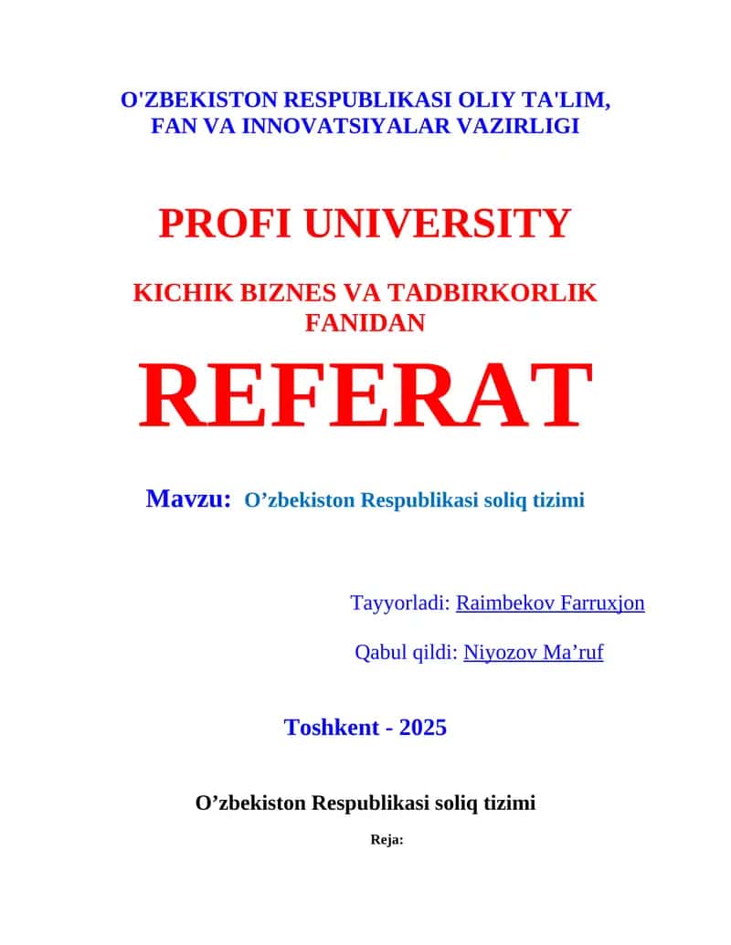 O’zbekiston Respublikasi soliq tizimi Referat