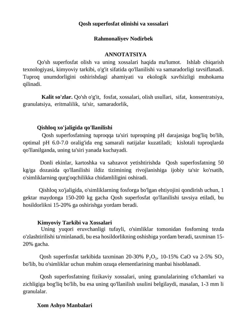 Qosh superfosfat olinishi va xossalari