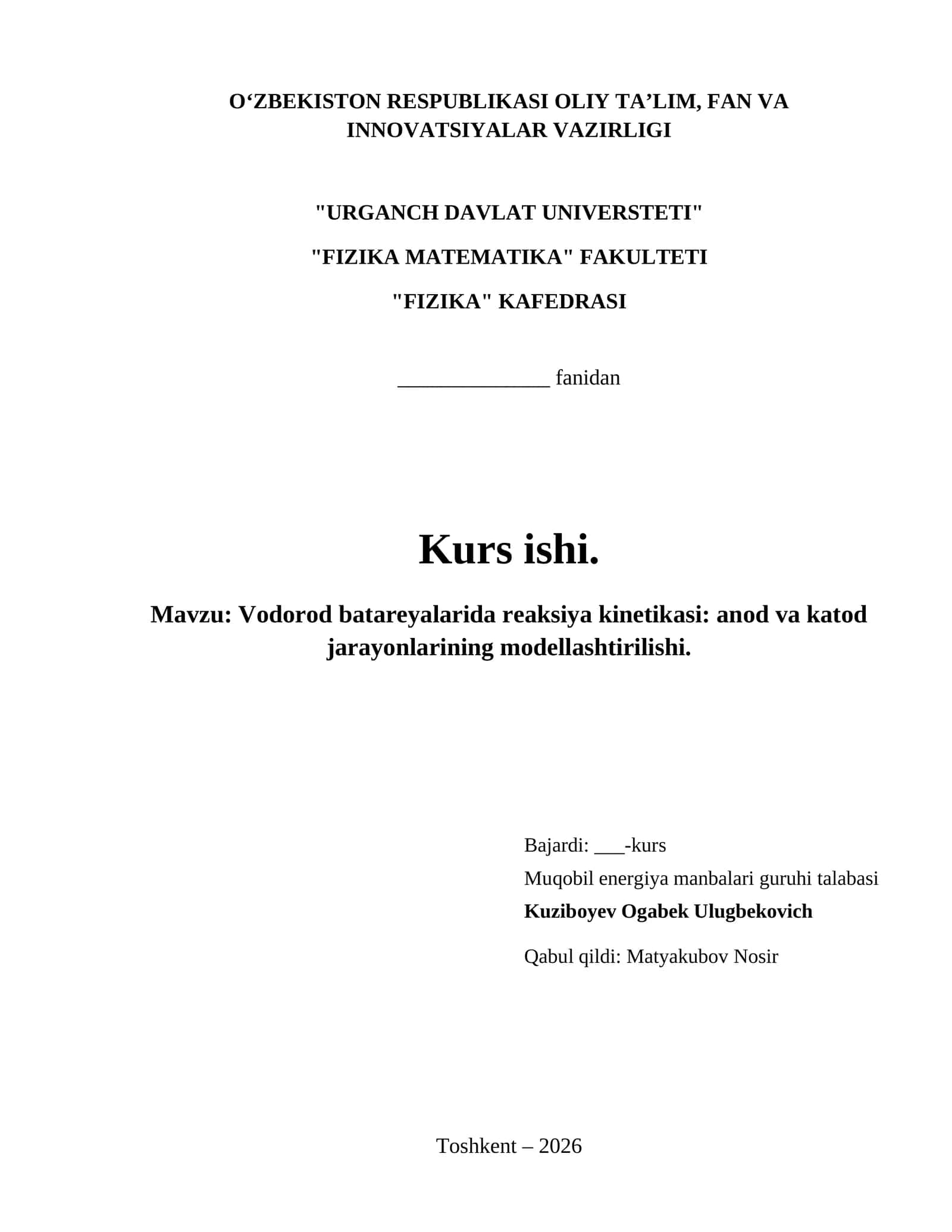 Vodorod batareyalarida reaksiya kinetikasi: anod va katod jarayonlarining modellashtirilishi.