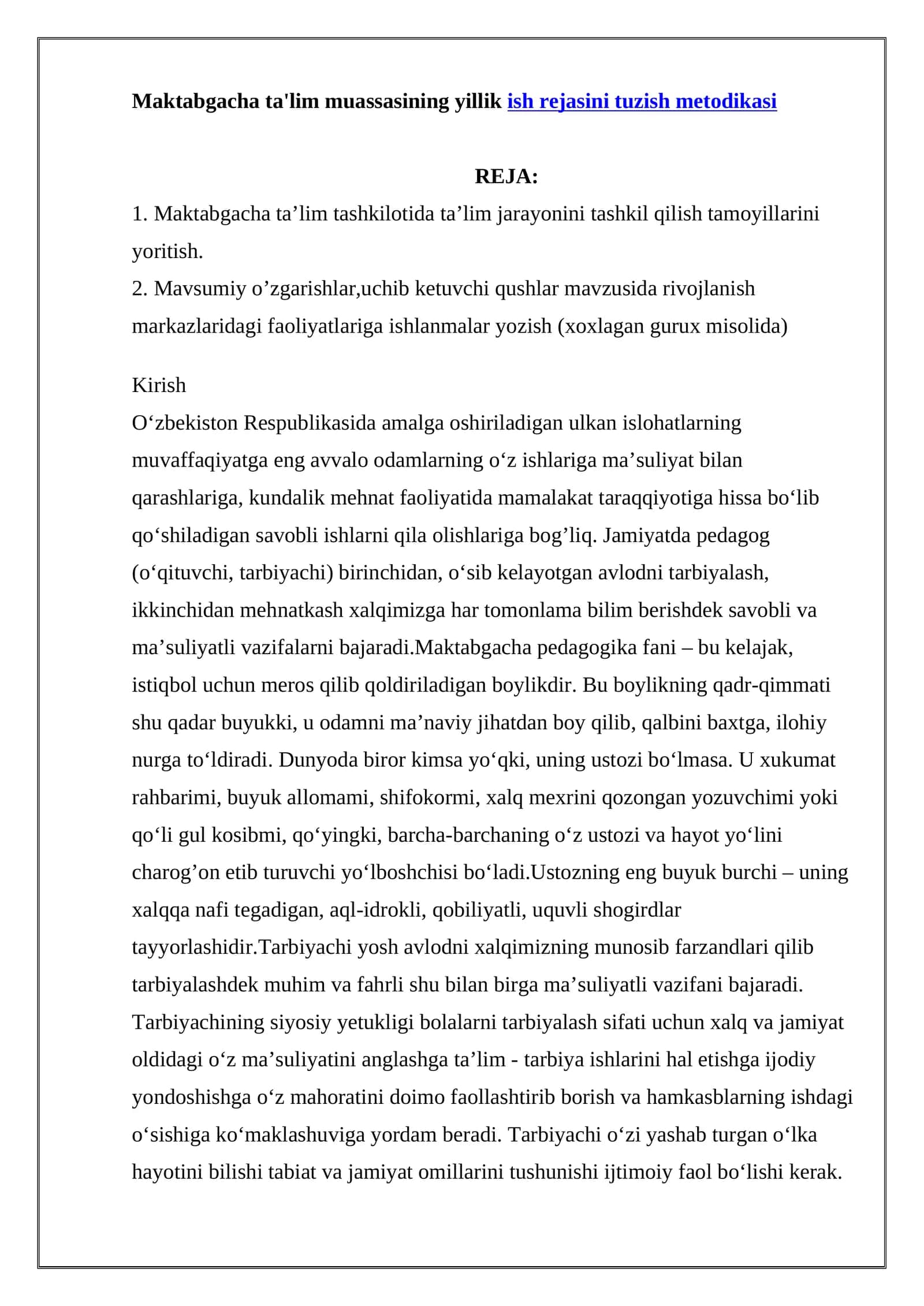 Ish Rejasini Tuzish Metodikasi