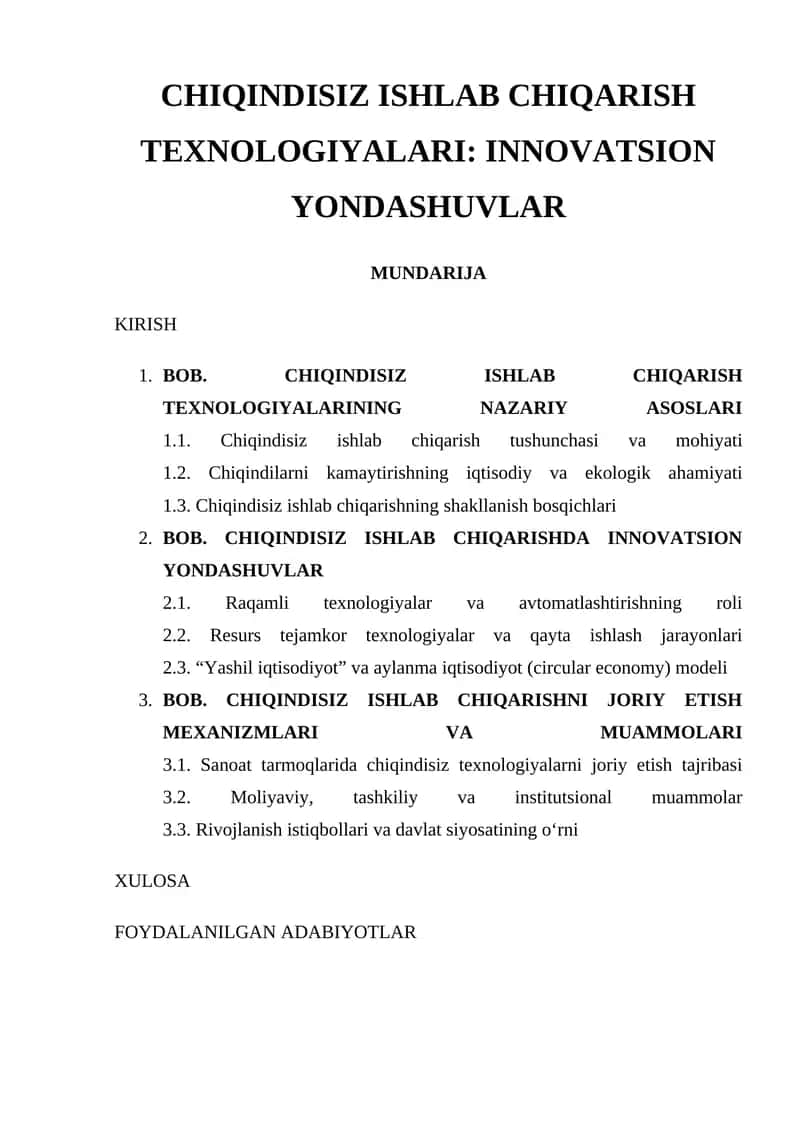 CHIQINDISIZ ISHLAB CHIQARISH TEXNOLOGIYALARI: INNOVATSION YONDASHUVLAR