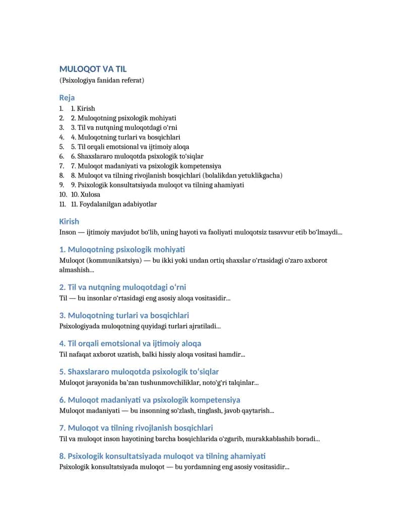 MULOQOT VA TIL (Psixologiya fanidan referat)