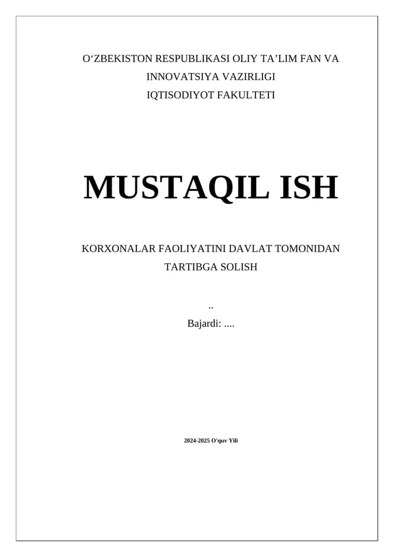 Korxonalar faoliyatini davlat tomonidan tartibga solish