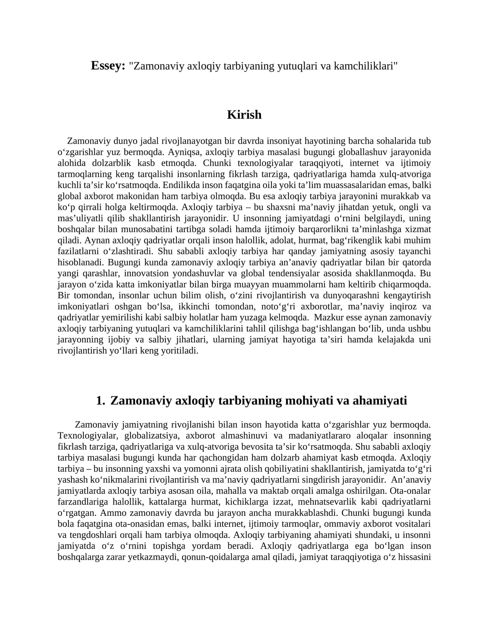 Zamonaviy axloqiy tarbiyaning yutuqlari va kamchiliklari