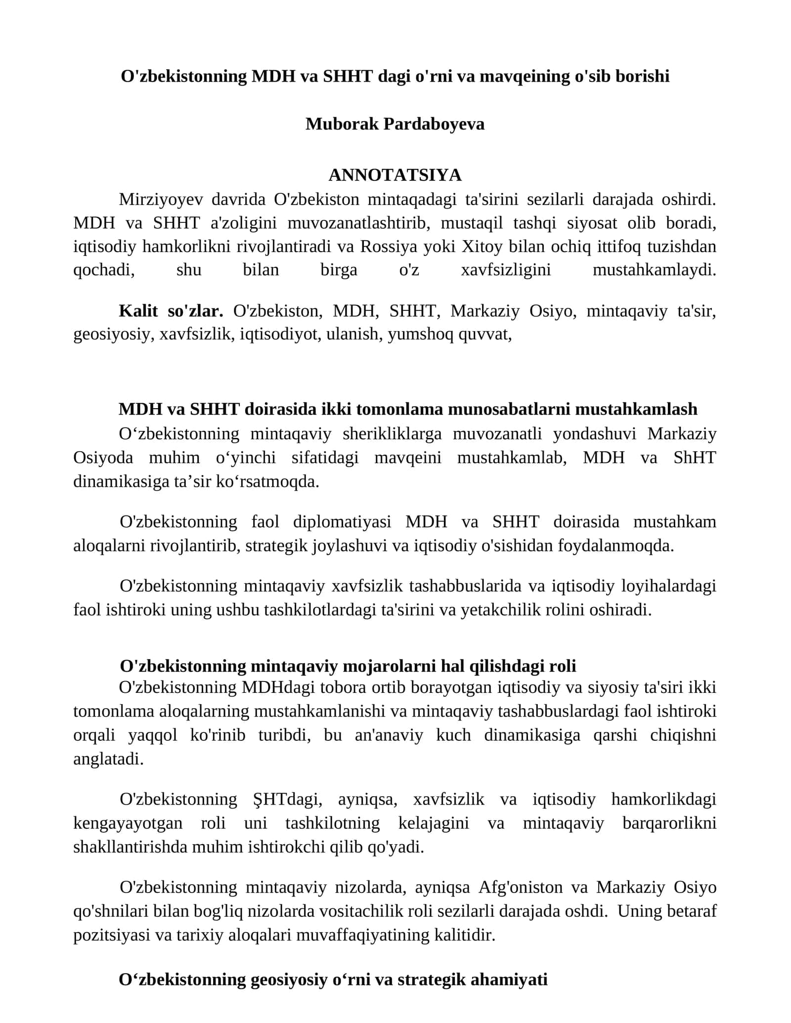 MDH va SHHT dagi o'rni va mavqeining o'sib borishi