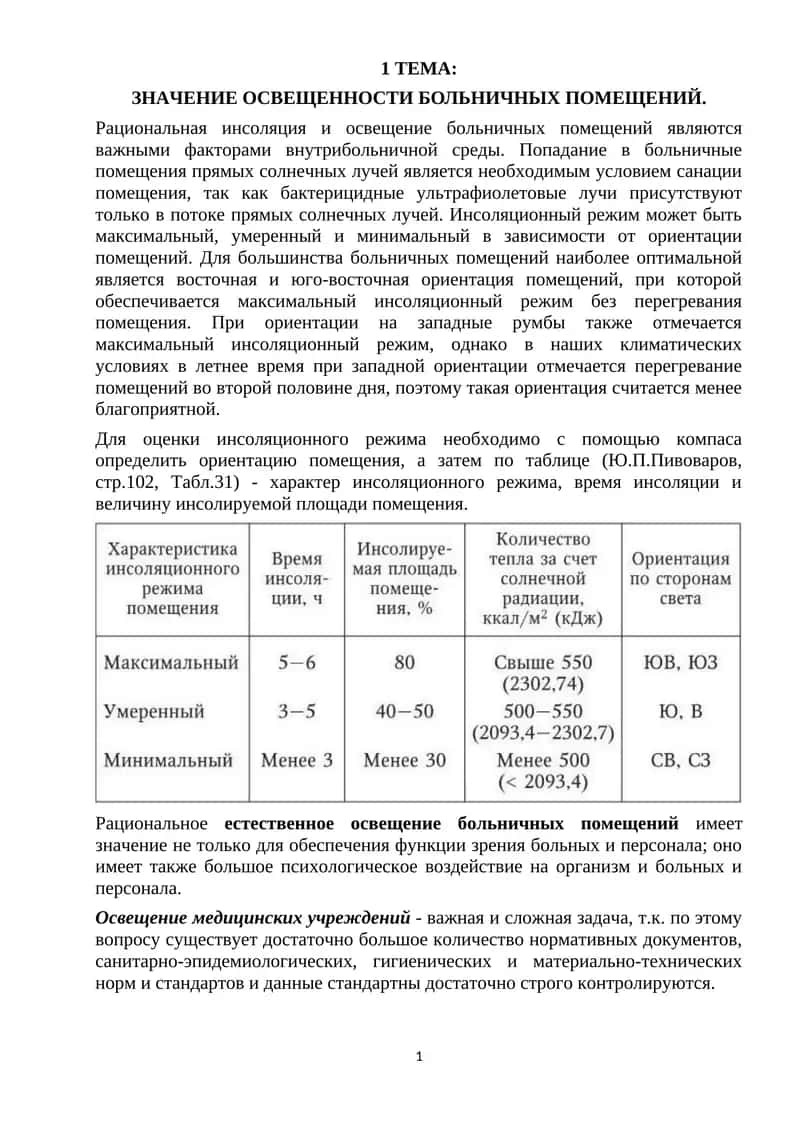 Значение освещенности больничных помещений