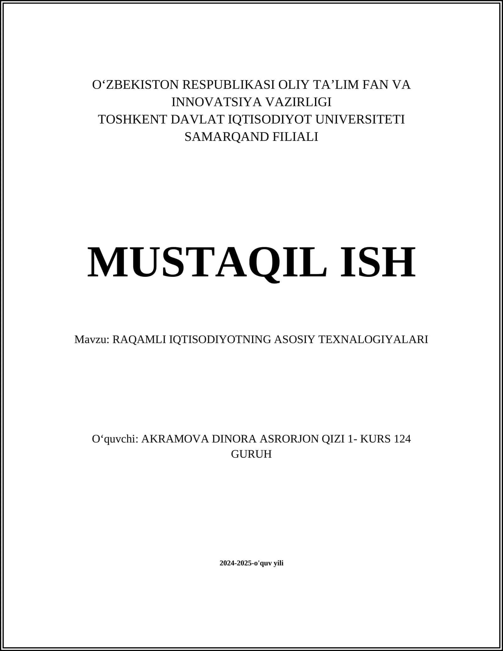 RAQAMLI IQTISODIYOTNING ASOSIY TEXNALOGIYALARI
